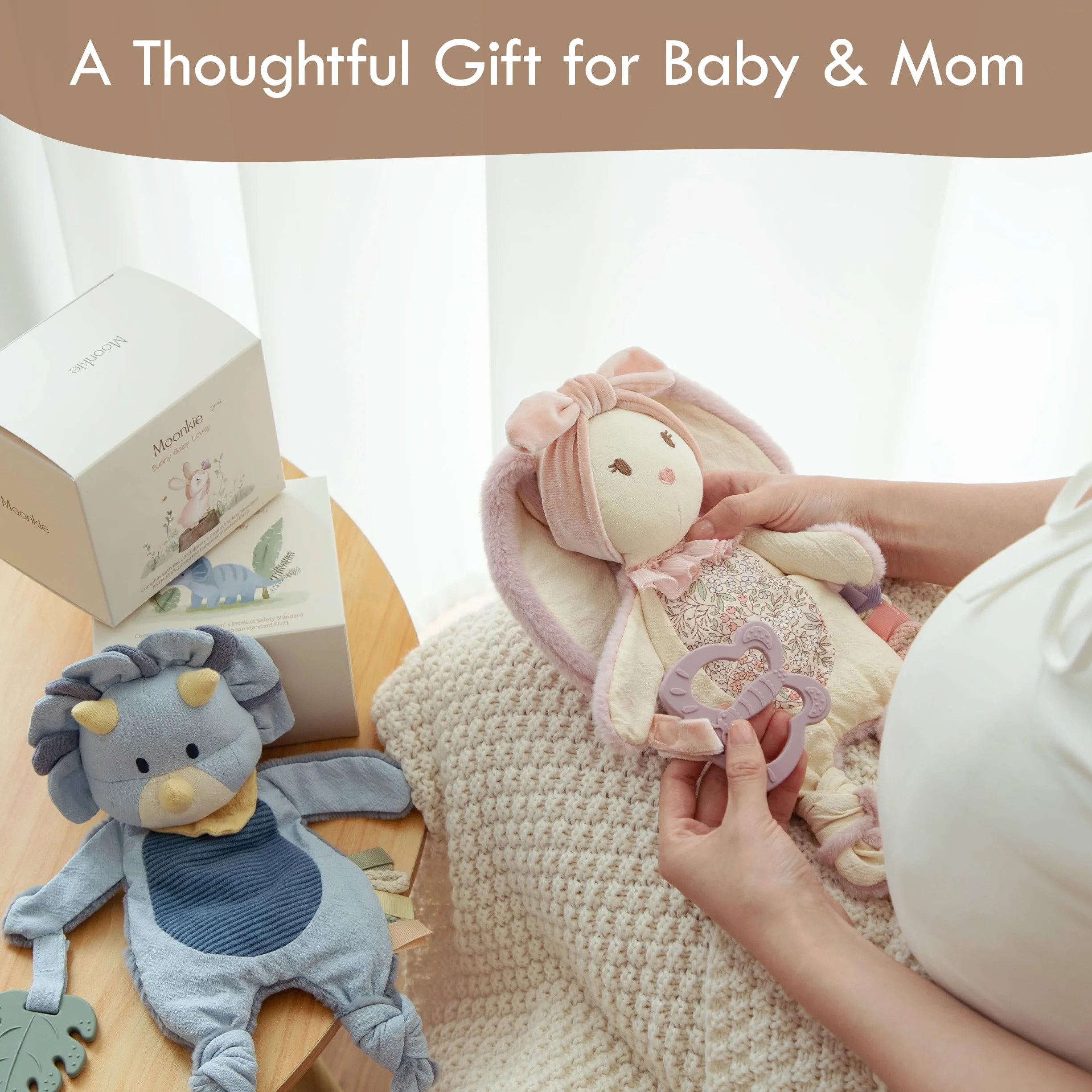 Moonkie Przytulanka dla niemowląt, pluszowy dinozaur z silikonową zabawką do ząbkowania dla niemowląt, prezent z okazji narodzin chłopca, na baby shower i urodziny, koc dla niemowląt z teksturowanymi