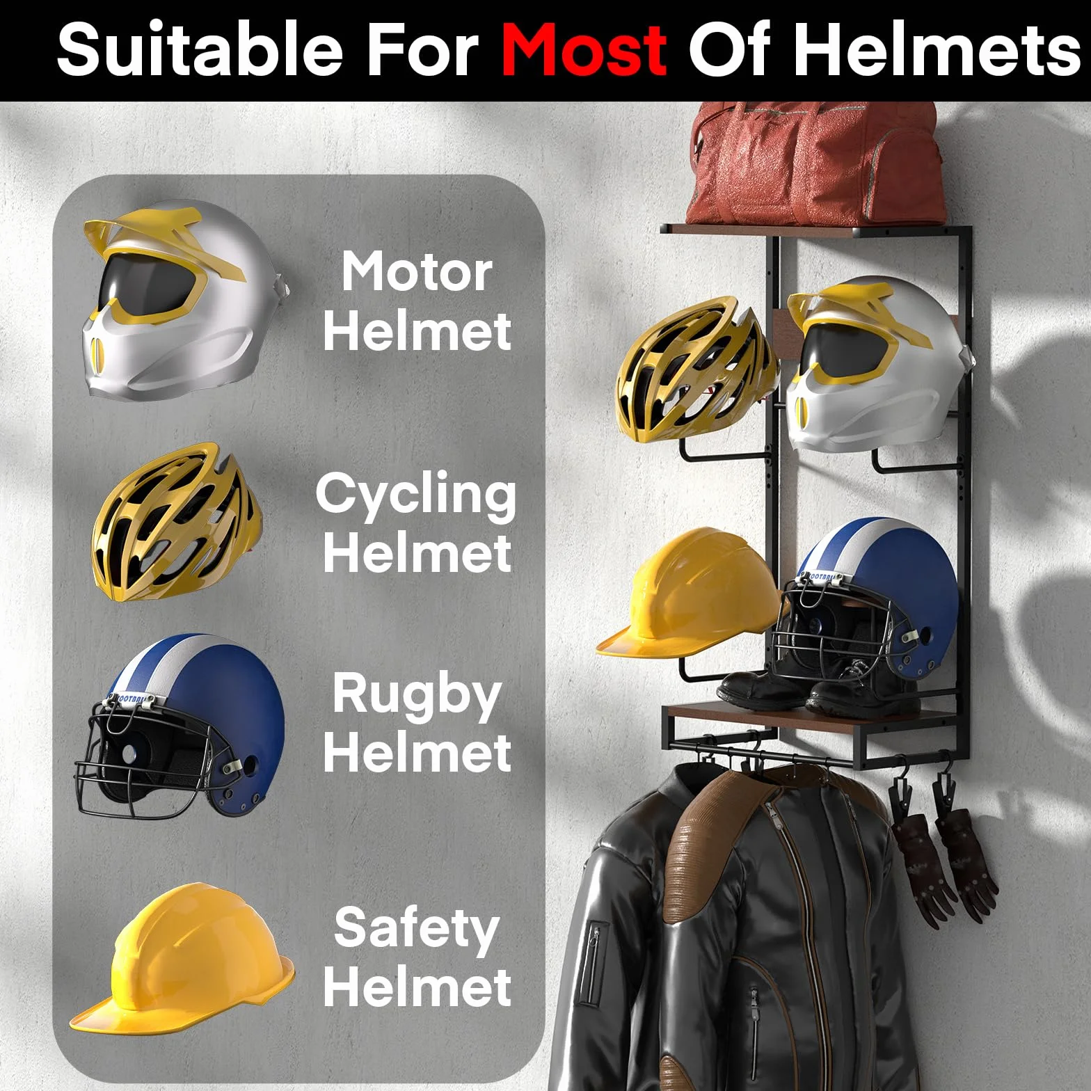 Mocowanie na kask motocyklowy CASDUCT Zestaw mocowania na kask motocyklowy do ściany, zestaw 4 sztuki, mocowanie na blat stołu z 2-warstwowa deskami drewnianymi, uchwyt na kask motocyklowy z