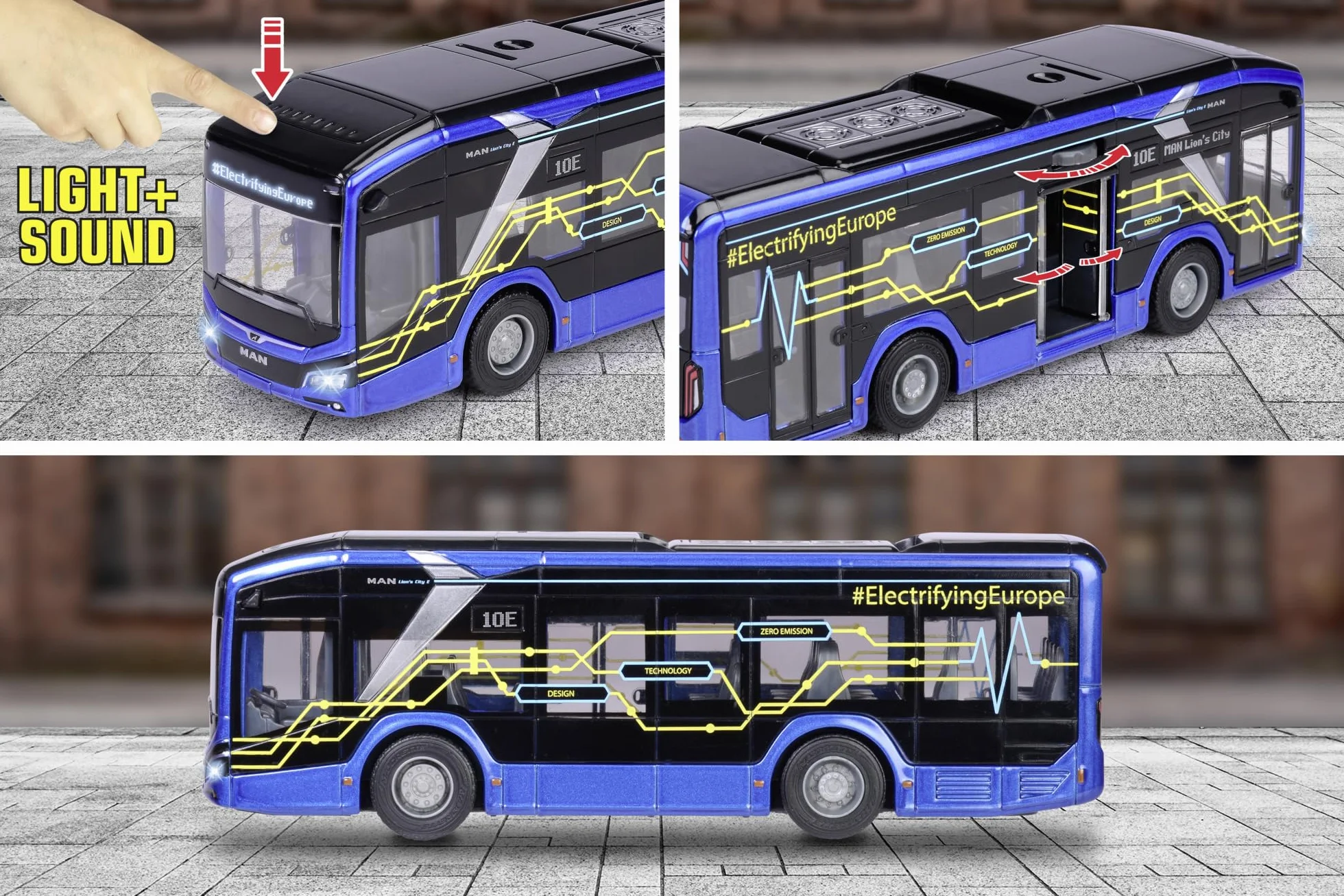 Majorette 213743008 Seria Grand: metalowe, wytrzymałe pojazdy dostępne w większym wydaniu, Autobus MAN Lion z funkcją światła i dźwięku w skali 1:43, długość 22,5 cm, dla dzieci od 3 lat