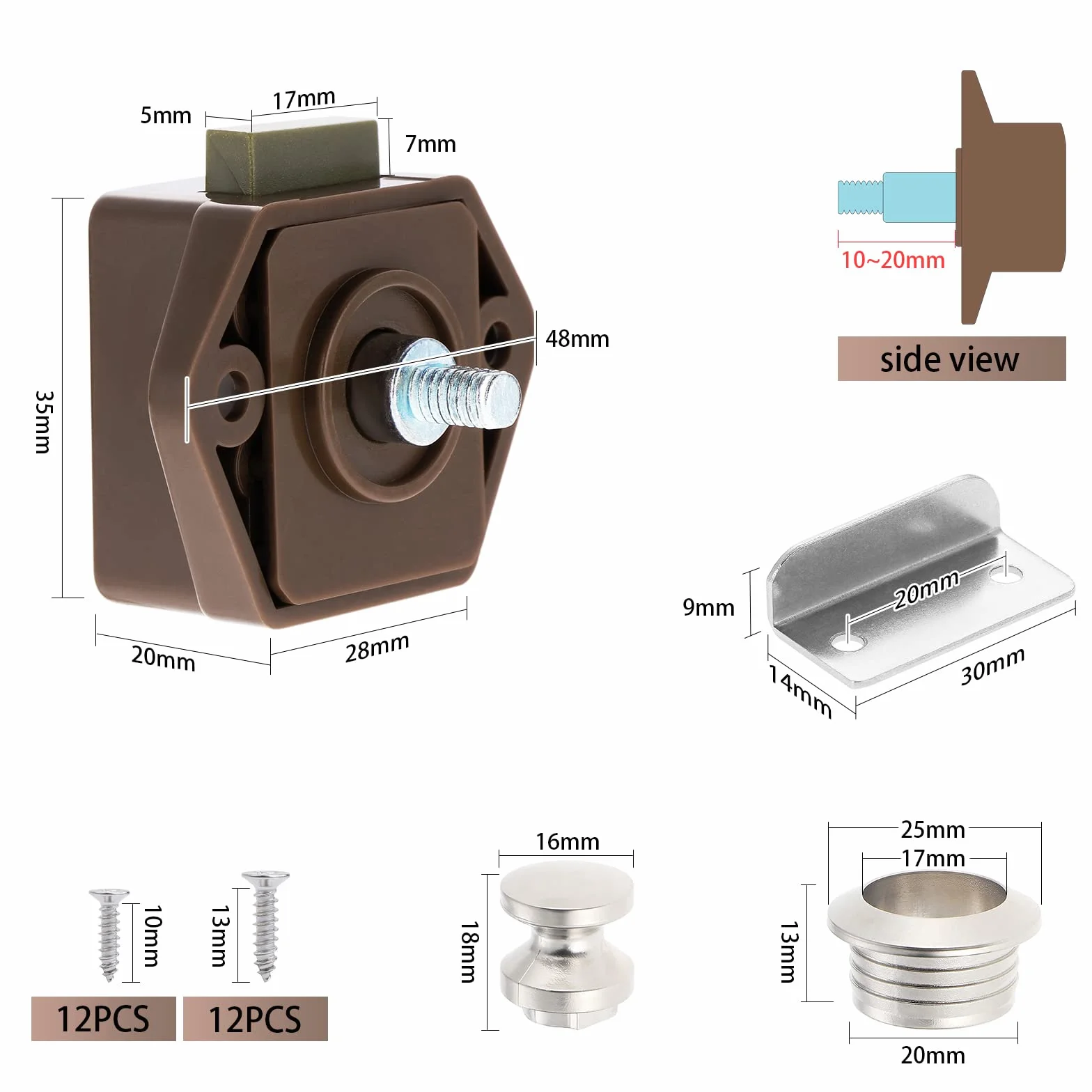 6 sztuk Push Lock Button Catch, Cabinet Lock Catch i Push Button Catch, blokada bez kluczy, do kamperów, jachtów, łodzi, szafek kempingowych, przyczep kempingowych (brązowa)