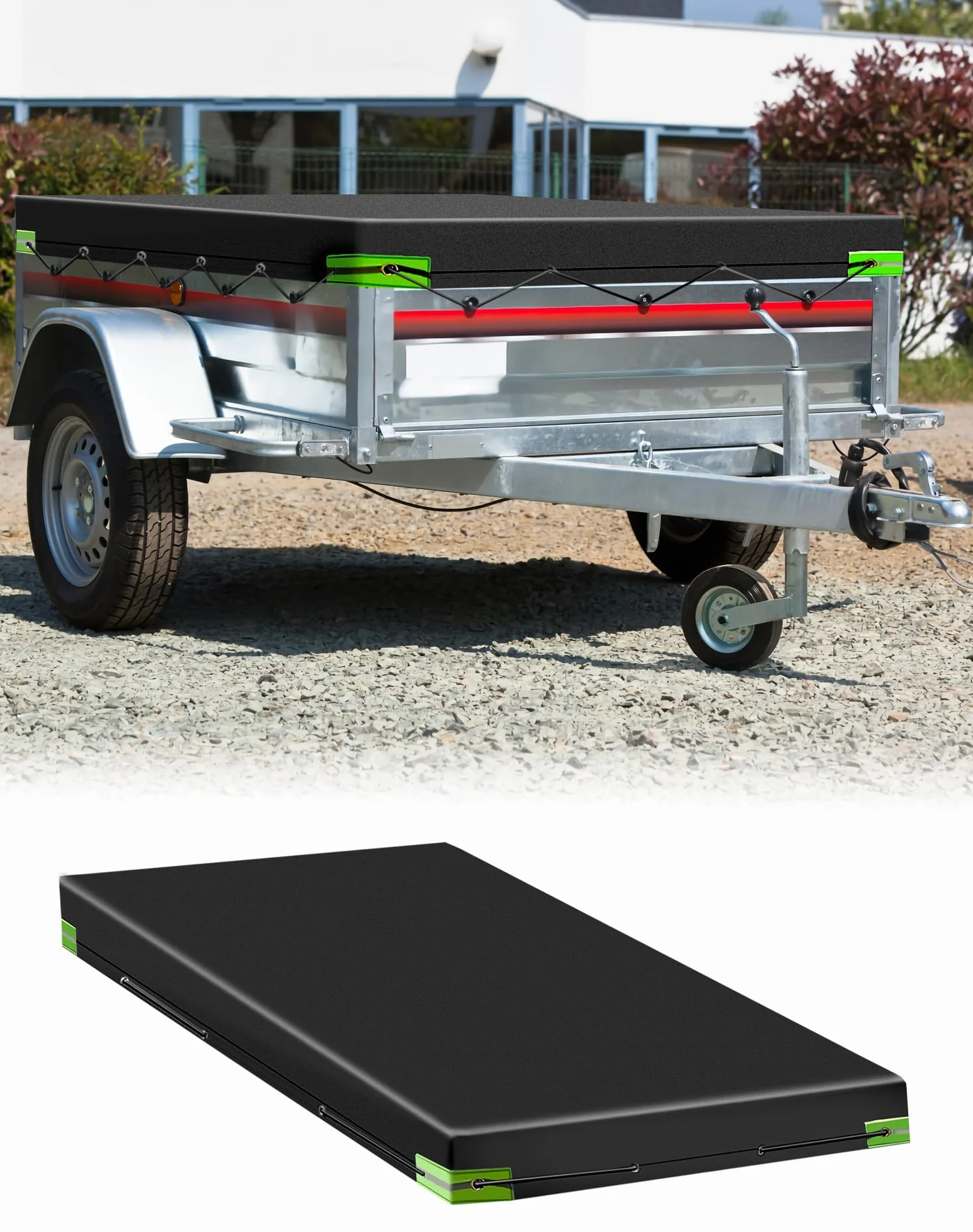 QWORK® Płaska plandeka do przyczepy z liną plandekową - 258x135x8CM - wzmocniony materiał PVC 420D - przyczepa samochodowa 500KG - 750KG, czarna