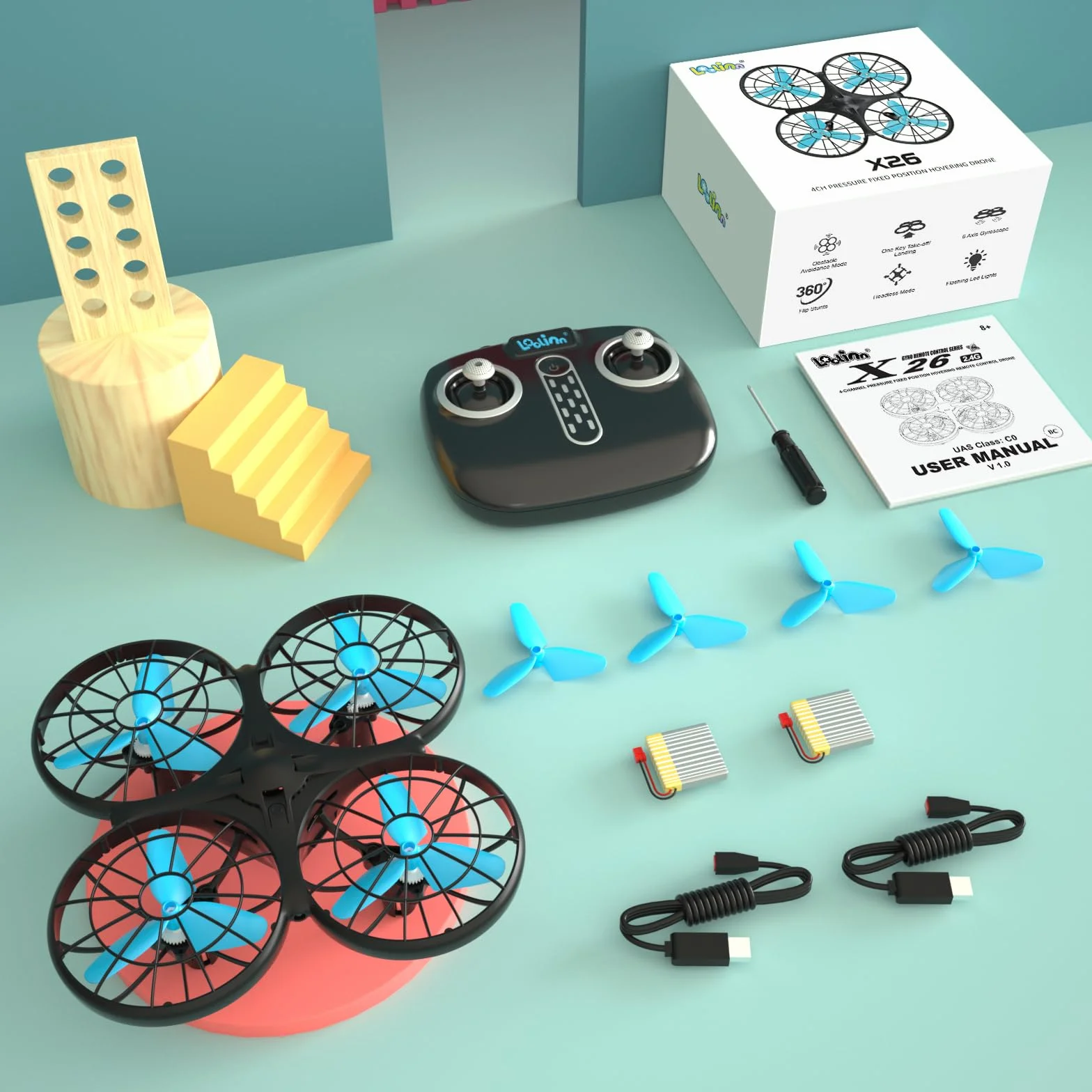 Loolinn | dron dla dzieci – mini dron, RC Quadrocopter z technologią antykolizyjną / 360° flips/tryb sterowania ręcznego/dostarczane są dwa baterie (Prezent dla dzieci)