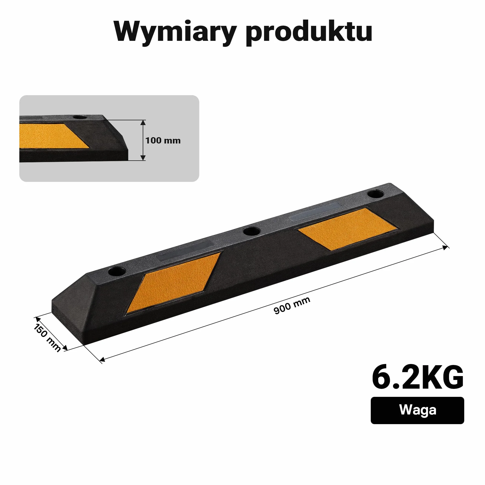 Wiltec Ogranicznik parkingowy 2 szt. 90 x 15 x 10 cm czarny z żółtą taśmą odblaskową, odbojnik gumowy do garażu i parkingu