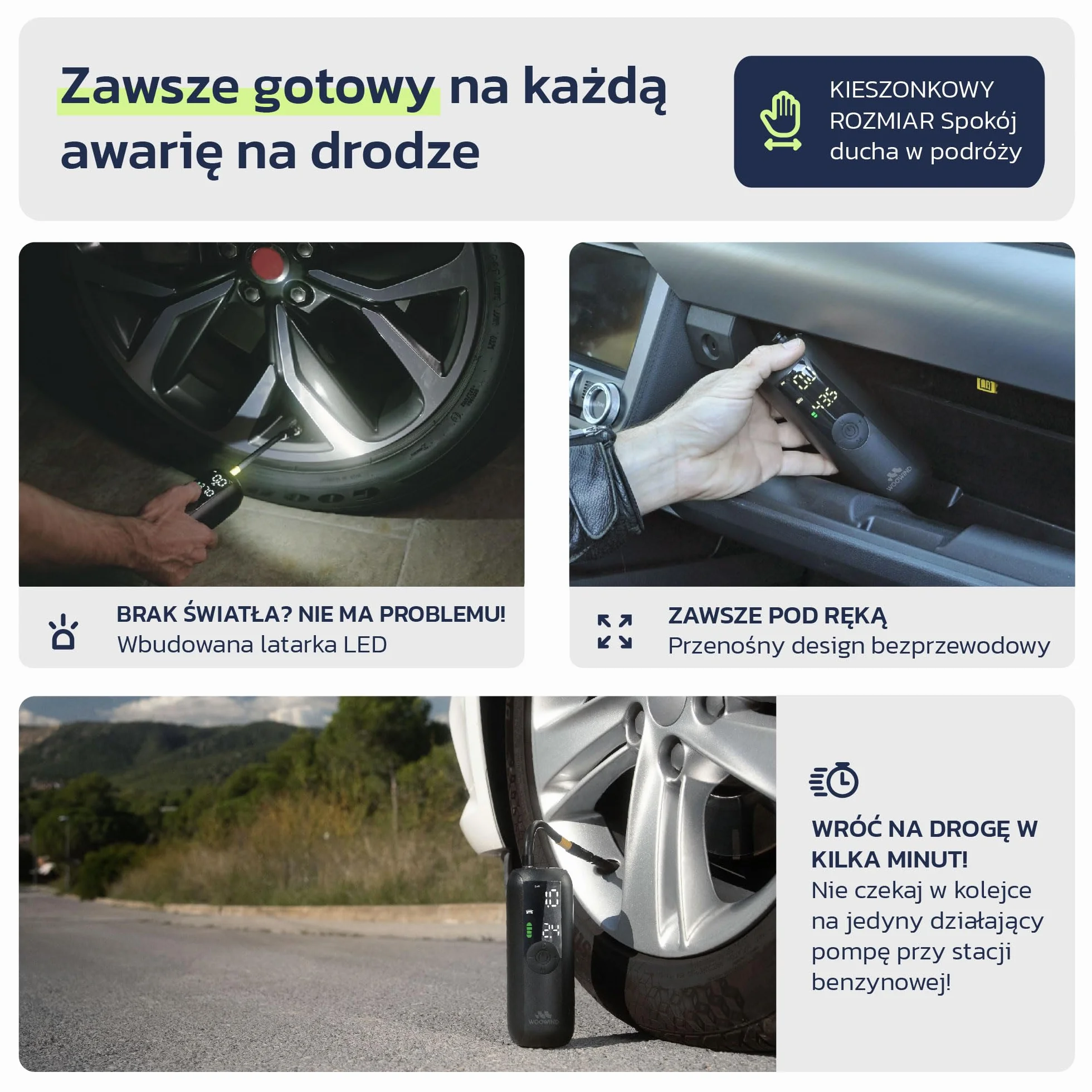 Woowind LP1 Przenośna Sprężarka Powietrza 150 PSI/10.3 BAR, Automatyczne Wyłączanie, Ładowanie USB, LED do Samochodów, Motocykli, Rowerów, Piłek, Adaptery Presta/Schrader