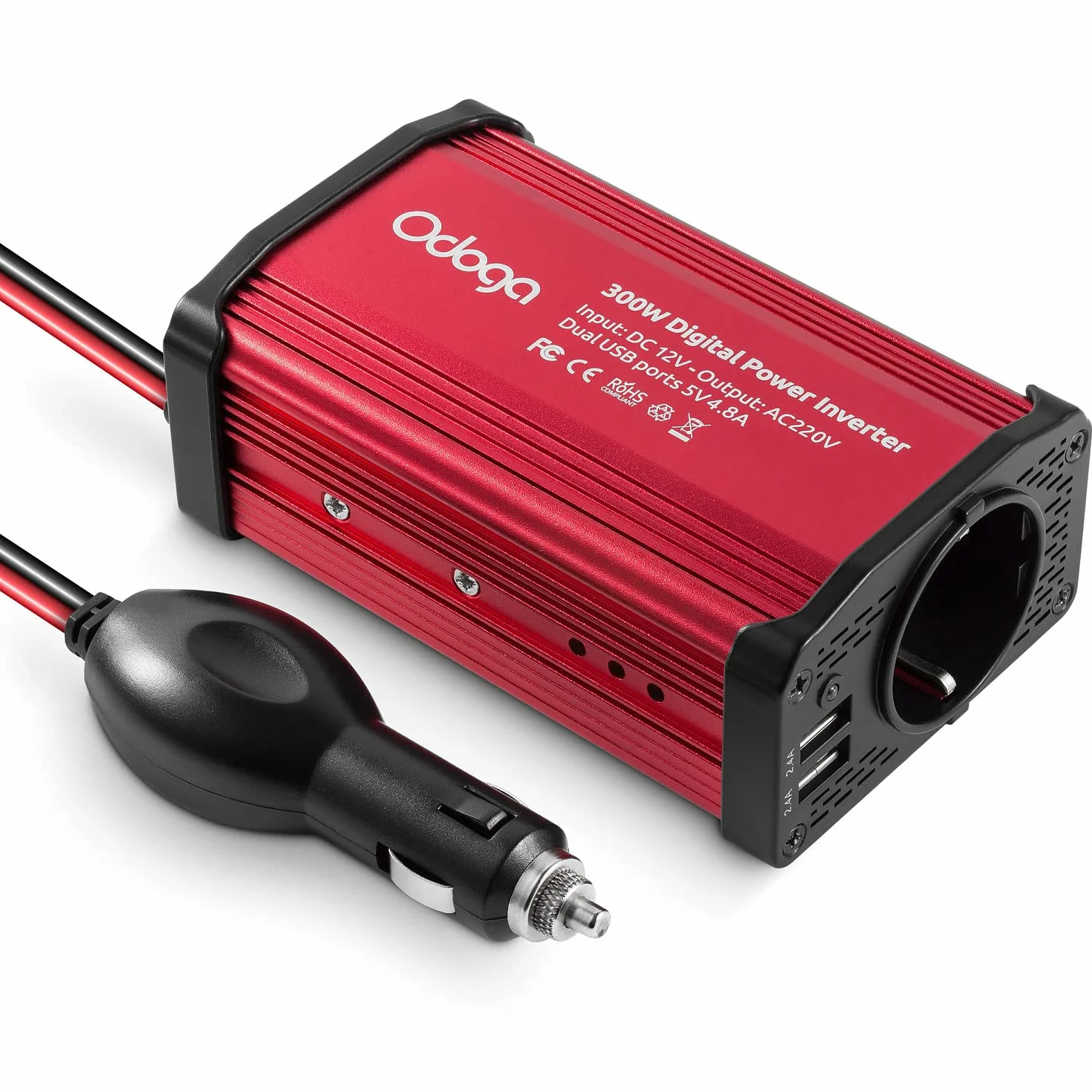 Odoga Falownik samochodowy 300 W 12 V na 240 V / 230 V, podwójne porty ładowania USB 4,8 A – ładuj laptopa, iPada, iPhone'a, tablet, konsole i trwalsze i wydajne, czerwony aluminiowy korpus