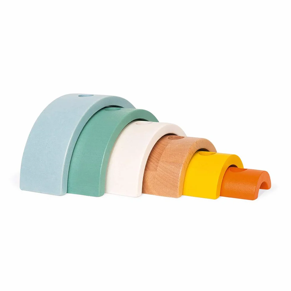 Janod - Wooden Sweet Cocoon Rainbow Turtle - Original Early Learning Game, 6 Stackable Arcs Of Circles - 1st Learnings - Turtle to Pull - Wooden Toy, Water Based Paint - from 18 Months Old, J04405