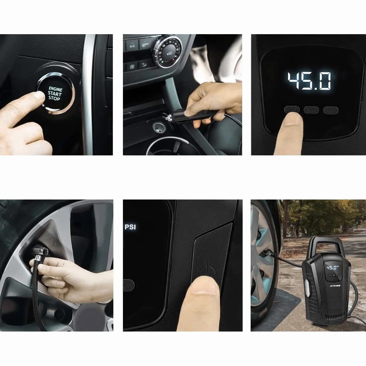 Mobilna sprężarka samochodowa pompka powietrza, 3 dysze powietrza, manometr, zaciskowa dysza z pompką, lampa 21866
