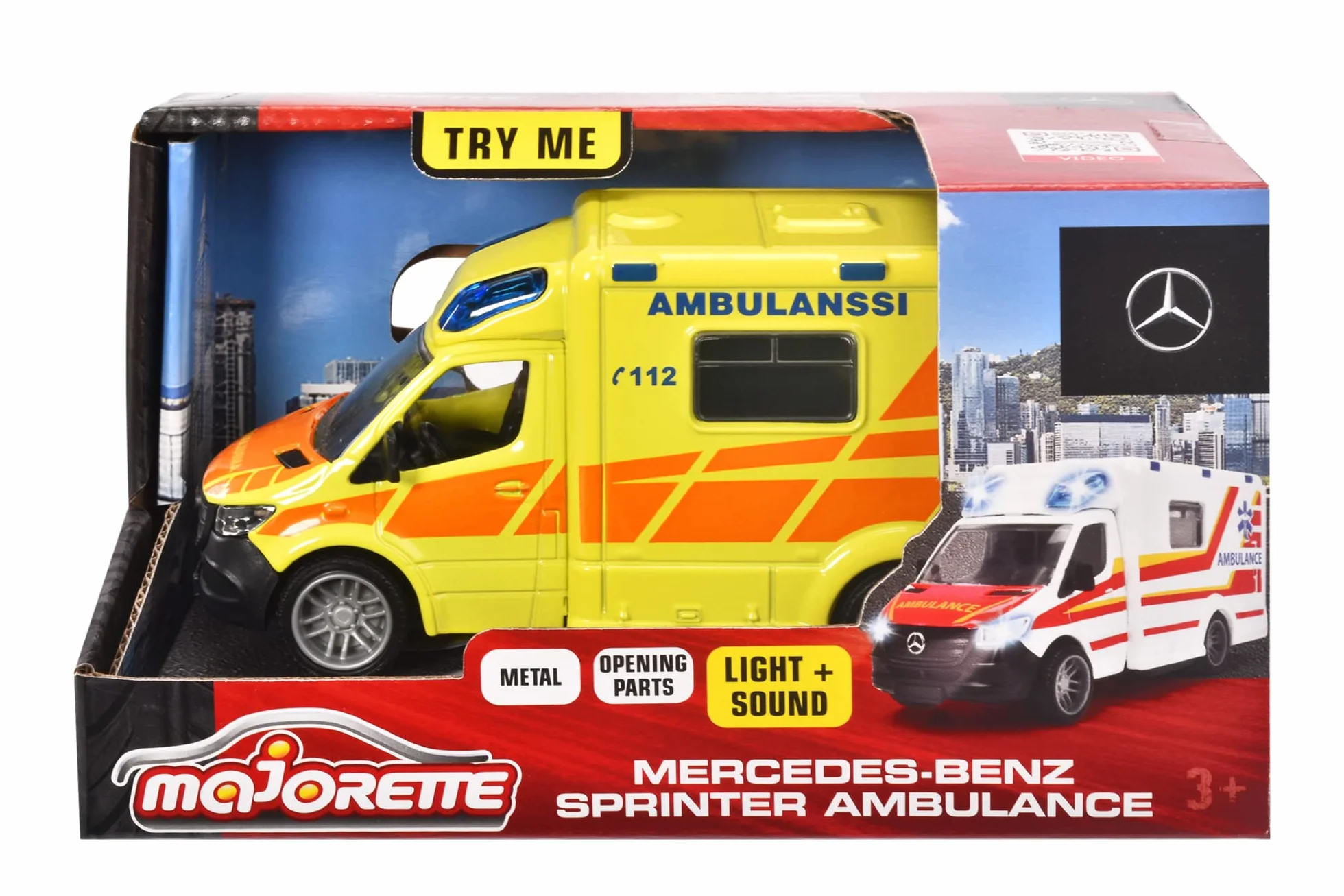 Majorette 213712001019 - Grand Series - Mercedes-Benz Sprinter Fiński Ambulans - Karetka pogotowia fińskiego modelu z Wolnobiegiem, Metal, Lekki, Dźwięk, Miękkie gumowe opony, 12,5 cm, 1:43, Od 3 lat,