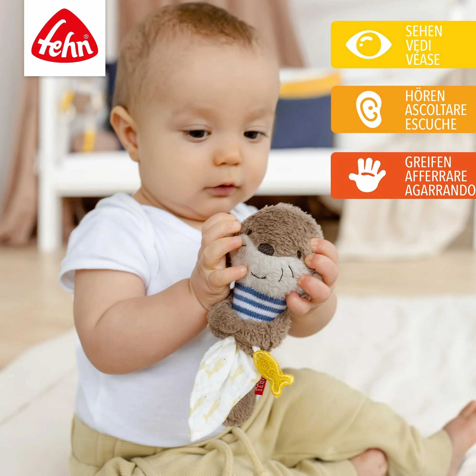 Fehn Stabgreifling Otter – Kuscheltier-Greifling zum Rasseln, Quietschen, Fühlen, Spielen – ein treuer Begleiter für Babys und Kleinkinder ab 0+ Monaten