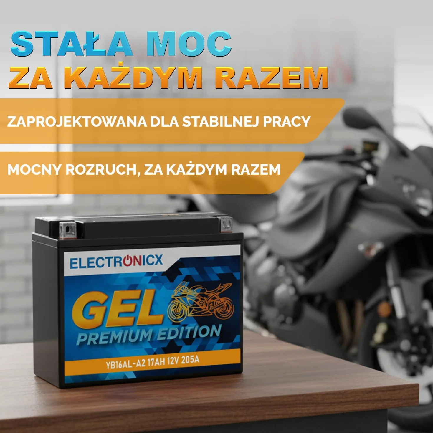 Electronicx GEL Żelowa bateria zapasowa – 17 Ah 12 V YB16AL-A2akumulator motocyklowy 12V 17Ah 205A – bezobsługowy, solidny- wysoka moc rozruchowa do motocykli, skuterów, quadów ATV – 206×70×162 mm