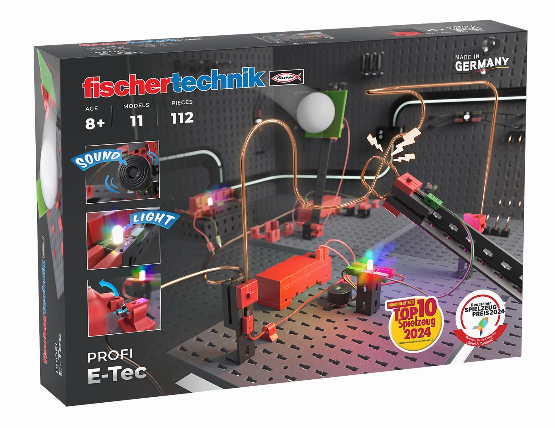 fischertechnik E-Tec 571905 zestaw budowlany dla dzieci, skrzynka eksperymentalna z 11 modelami, od 8 lat, kolor czarny