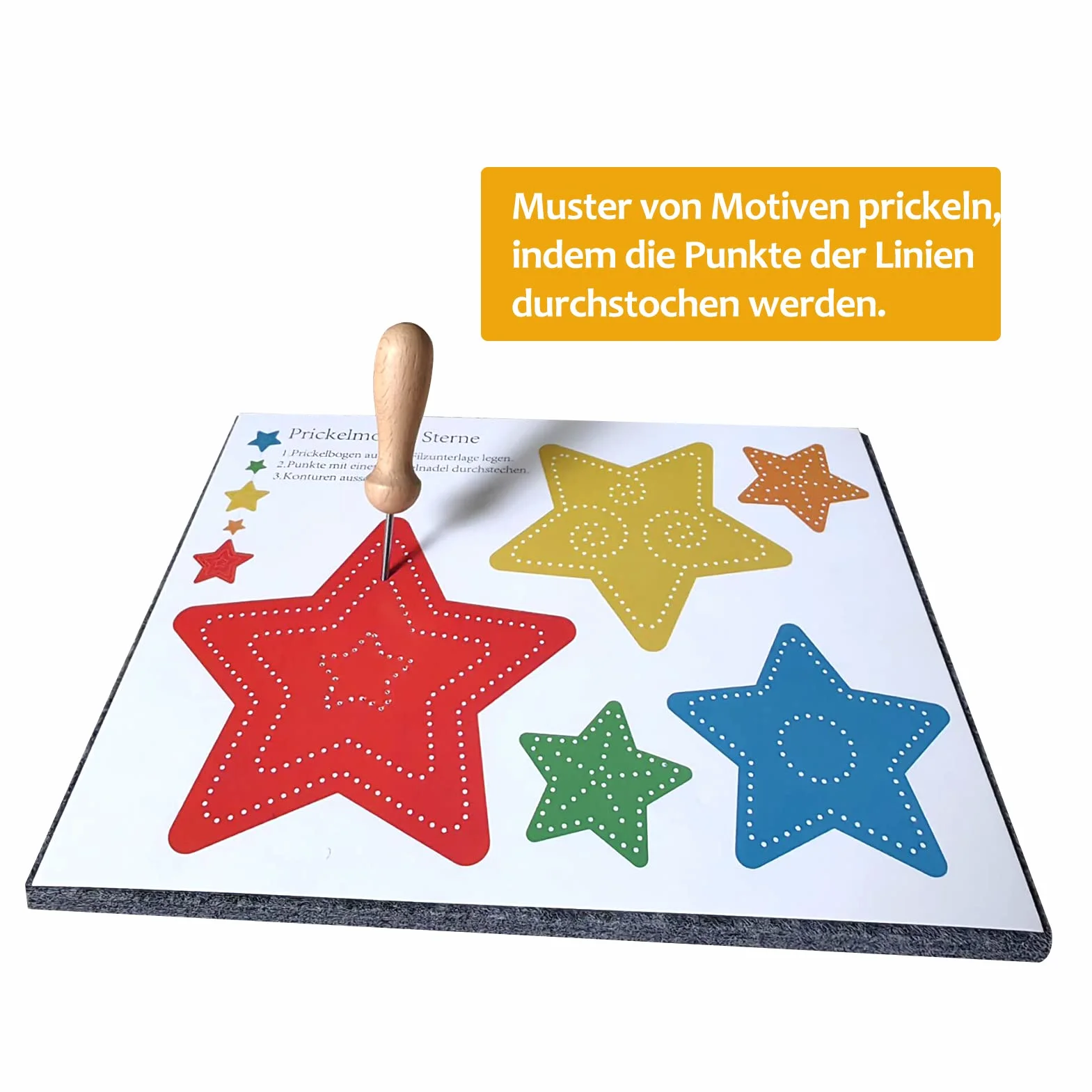 Prickeln zestaw do pompowania (2 x filc, 2 igły, 2 szablony) – podkładka filcowa (20 x 15 cm, 9 mm grubości) i igła do kłucia małych dłoni z drewnianym uchwytem 7,8 cm, zestaw podkładek dla dzieci i dorosłych