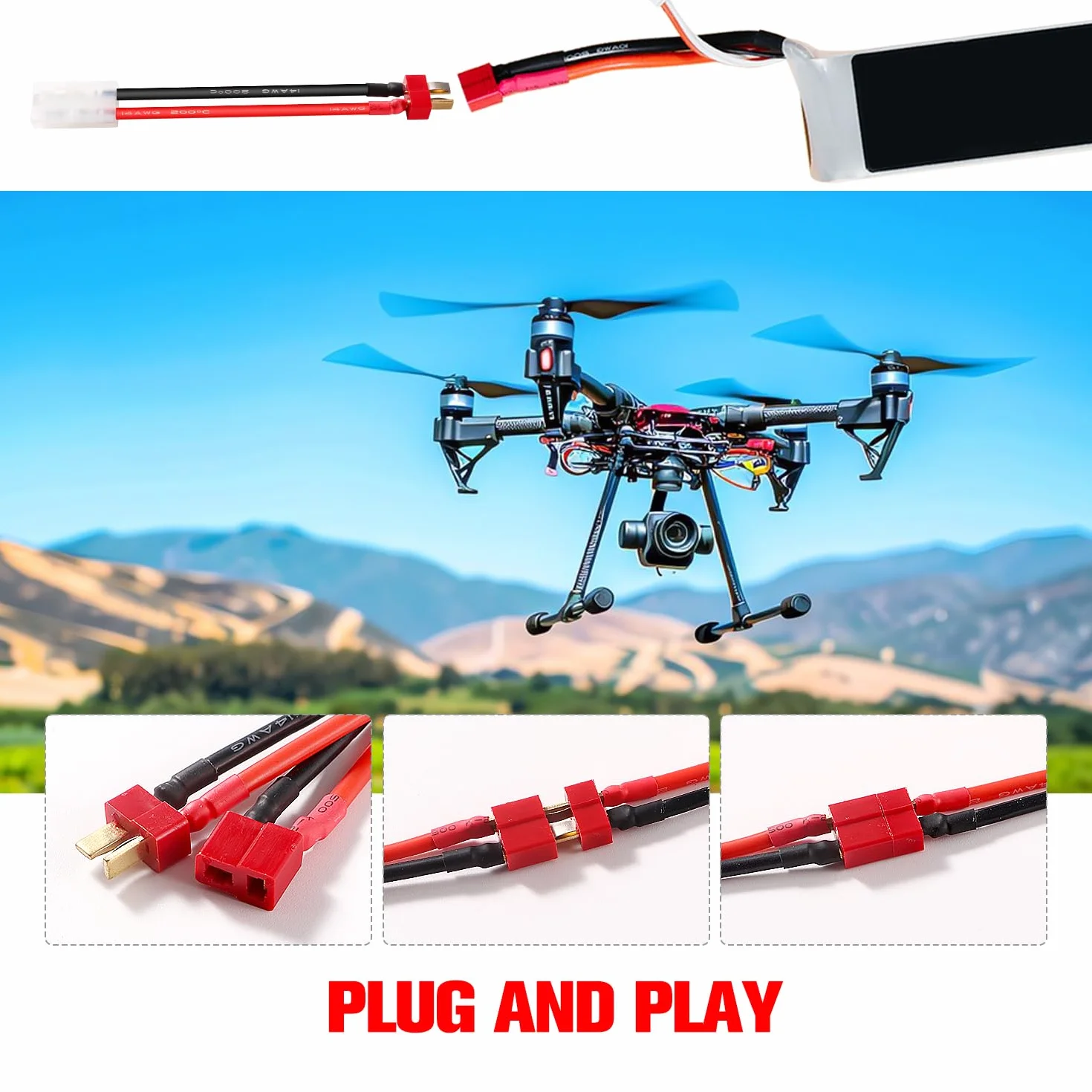 YIXISI 4 Sztuk Kabla Adapterowego Deans T na Kompatybilne z Tamiya, Duży Adapter w Kompatybilne z Tamiya na Adapter z Wtyczką T z Kablem Silikonowym 10cm 14AWG, do Pojazdów RC i Akumulatorów Lipo