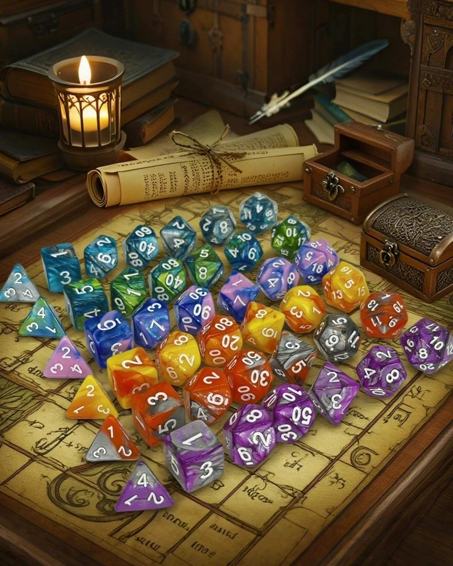 Wielościenne Kości RPG, 42 Sztuk – 6 Zestawy z torbą do przechowywania dla D&D, MTG oraz gier planszowych, Zawiera D20, D12, D8, D6, D4, D10 (0-9) i D10 (00-90)