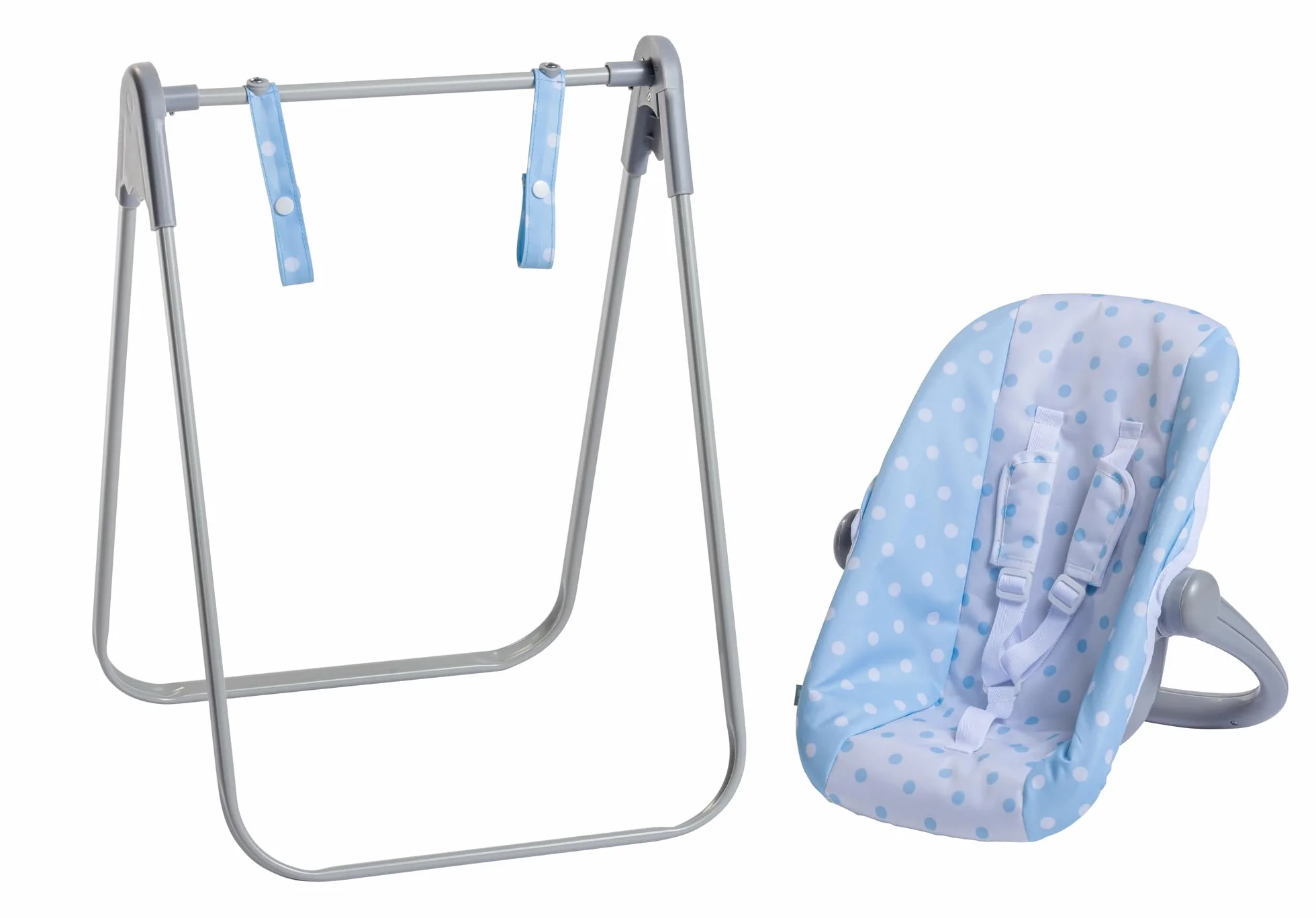 JC Toys - 2 w 1 Hamak i krzesło wielopozycyjne zdejmowane dla lalek do 45 cm, niebiesko-białe z kropkami, przenośny, lekki, zaprojektowany przez Berenguer Boutique, 3 lata