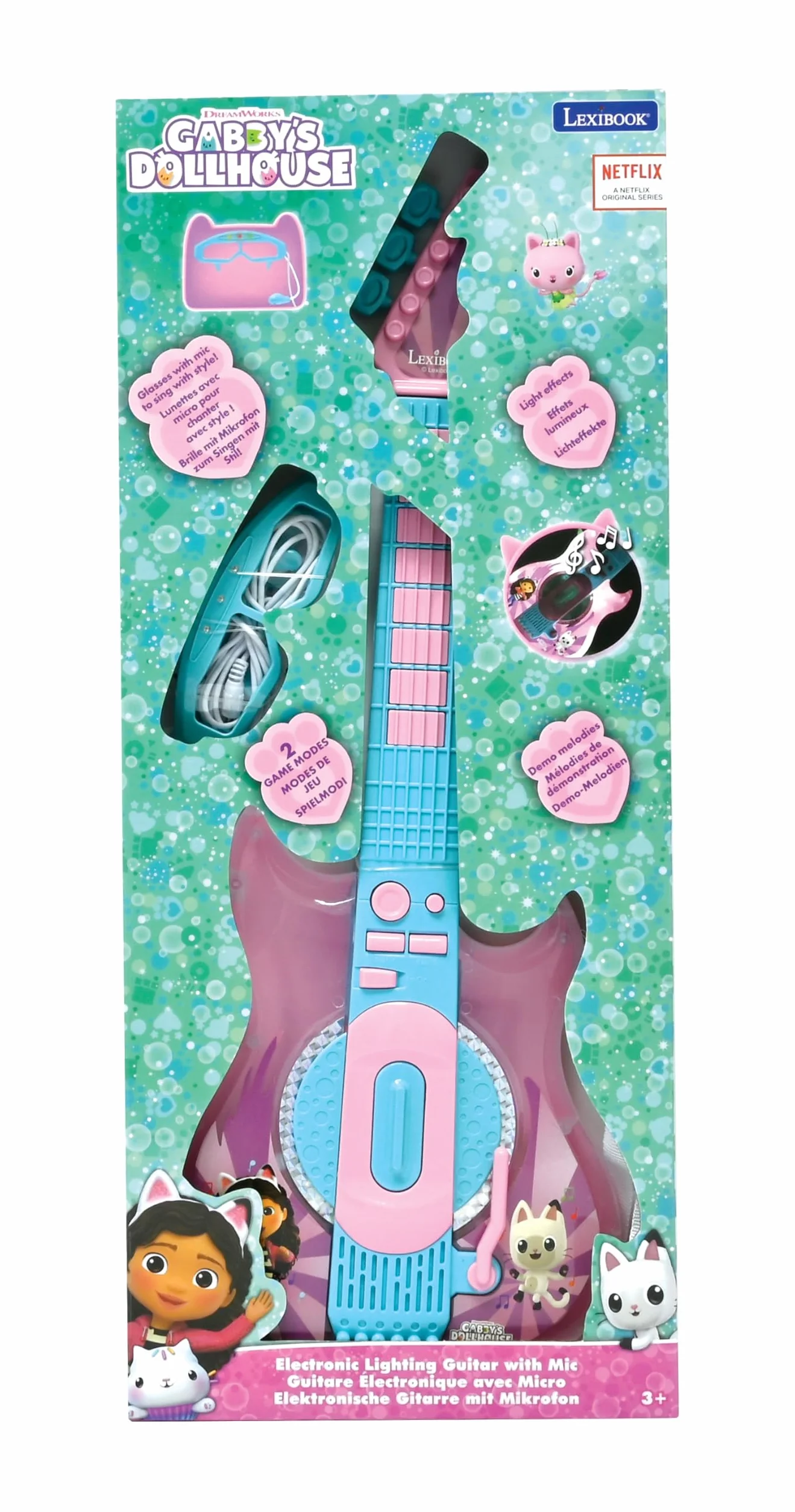 Lexibook, Koci Domek Gabi, Gitara Elektroniczna z Mikrofonem i Okularami do Stylowego Śpiewania, 2 Tryby Gry, Utwory Demonstracyjne, Efekty Świetlne, Różowy, Niebieski, K260GDH