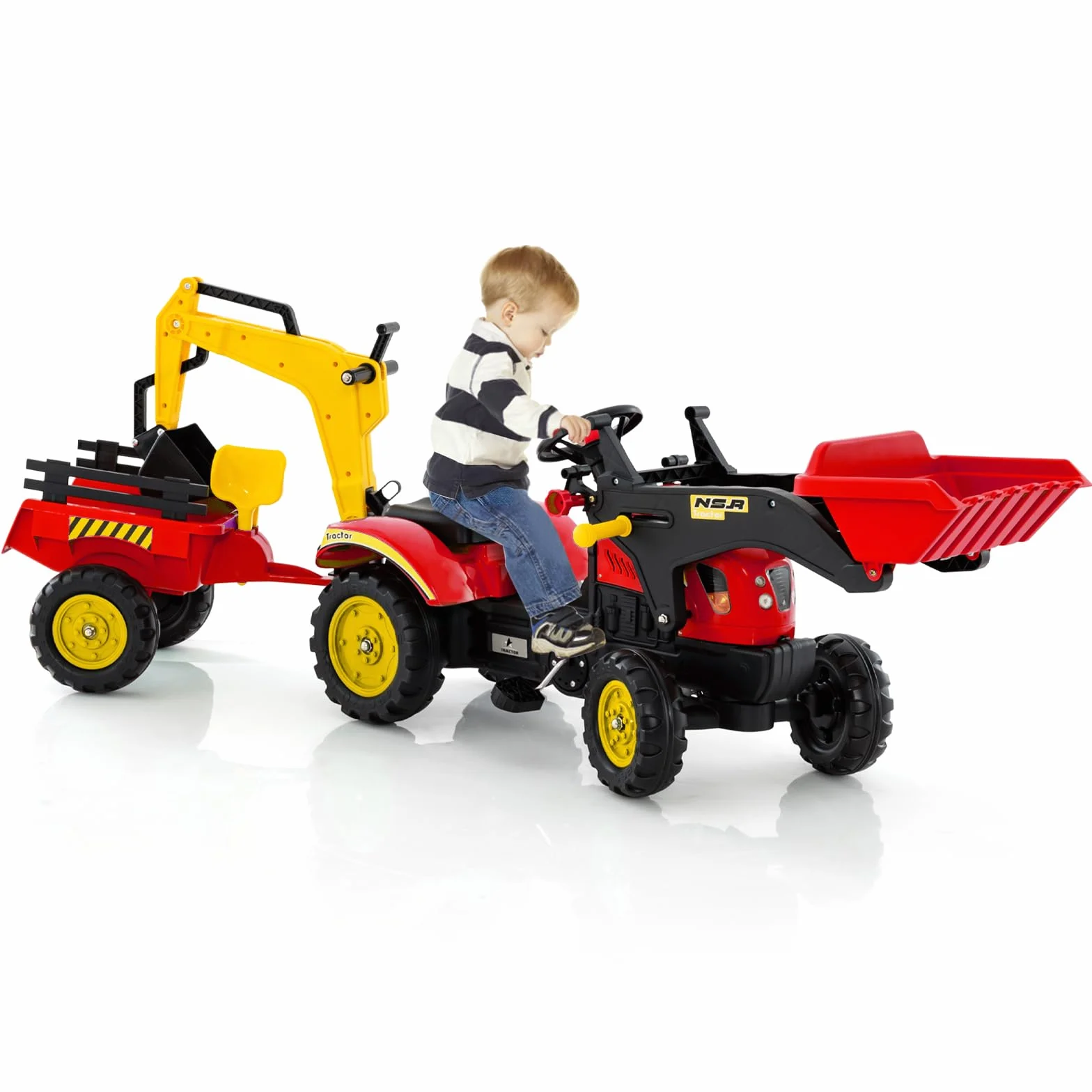 COSTWAY Traktor na pedały, ciągnik dla dzieci z odpinanym przyczepnym zbiornikiem i łopatą zabawkową, ciągnik dla dzieci do 35 kg, mini koparka dla dzieci od 3 lat (czerwony)