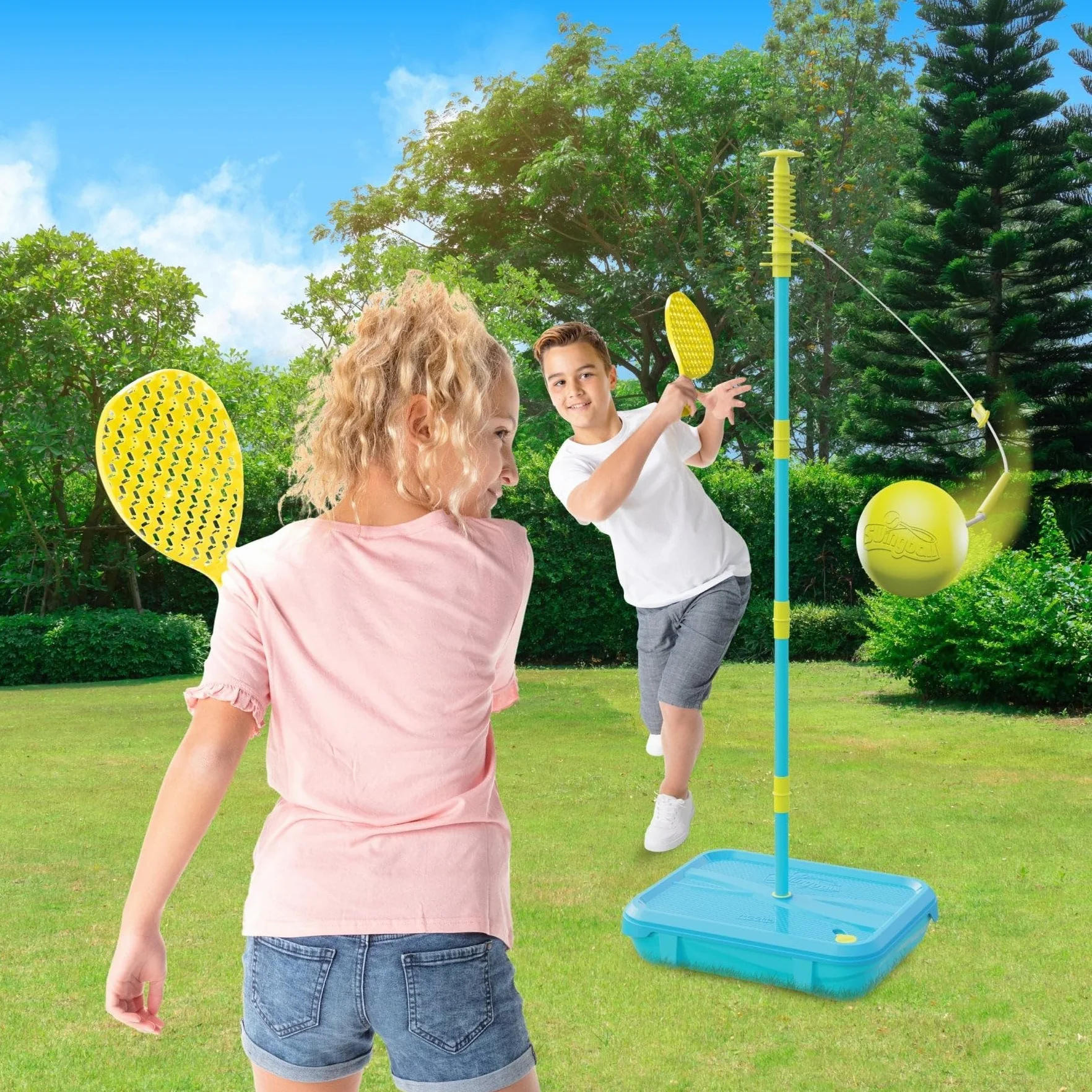 Swingball Zestaw Multiplay 3 w 1 na dowolnej powierzchni - gra w piankę, nadmuchiwana piłka nożna, rakiety dziecięce - stabilna podstawa, od 4 lat, niebieski