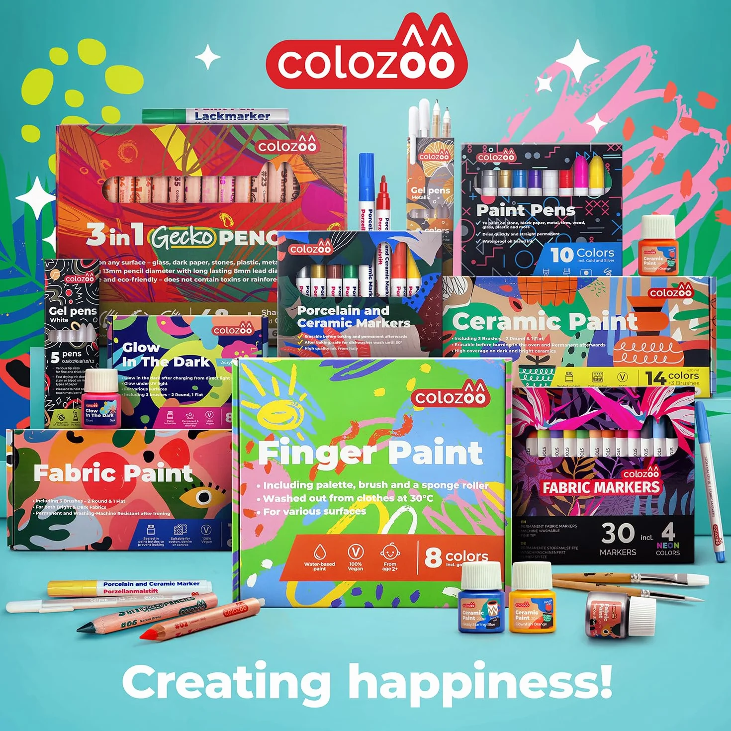 Colozoo Kids Finger Paint Set Inc. akcesoria do malowania | 8x100ml Colors Inc. złote i srebrne | bez parabenów, glutenu i laktozy, na bazie wody, wegańskie | łatwe do czyszczenia i zmywania