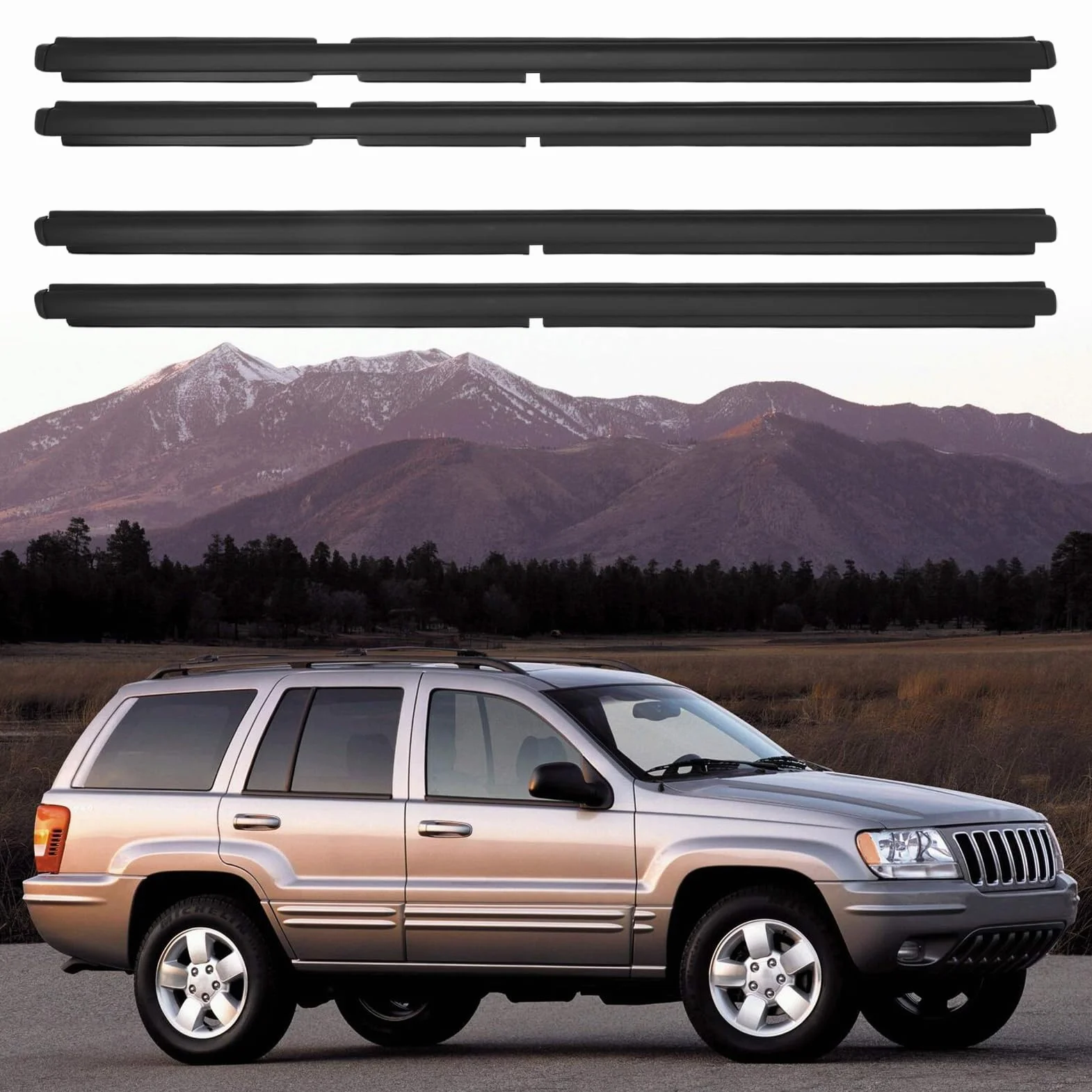 4 sztuki przednich tylnych listew okiennych 55135890AF, 55135891AF, 55135878AF, 55135879AF Window Sweep uszczelki okienne do Grand Cherokee II WJ WG 1998-2005, 4 sztuki