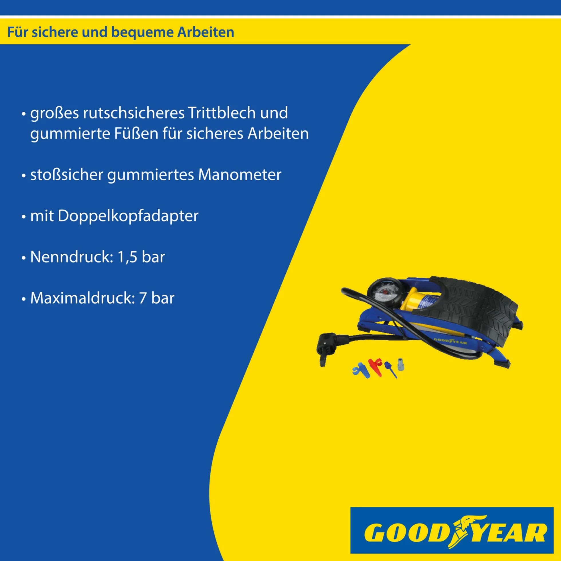 GOODYEAR 75523 Pompka nożna klasy premium, jednocylindrowy, manometr do 7 barów, antypoślizgowa blacha, adapter z podwójną głowicą, czarny, niebieski i żółty