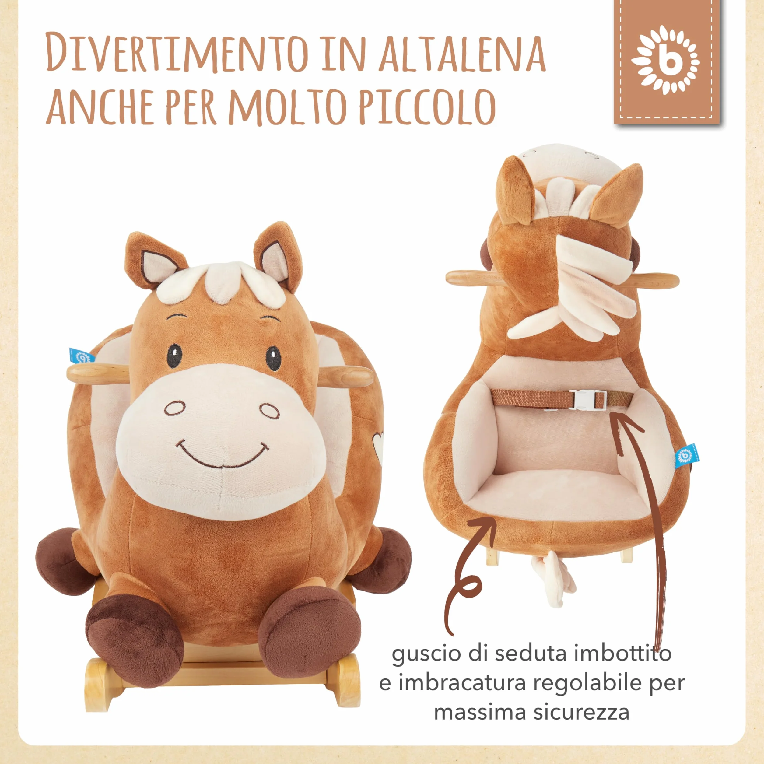 Bieco Calimero pluszowy zwierzak na biegunach, 60 cm, fotel bujany dla dzieci, z paskiem bezpieczeństwa, huśtawka dla niemowląt, huśtawka dla małych dzieci, huśtawka na biegunach, dla dzieci od 9 miesięcy