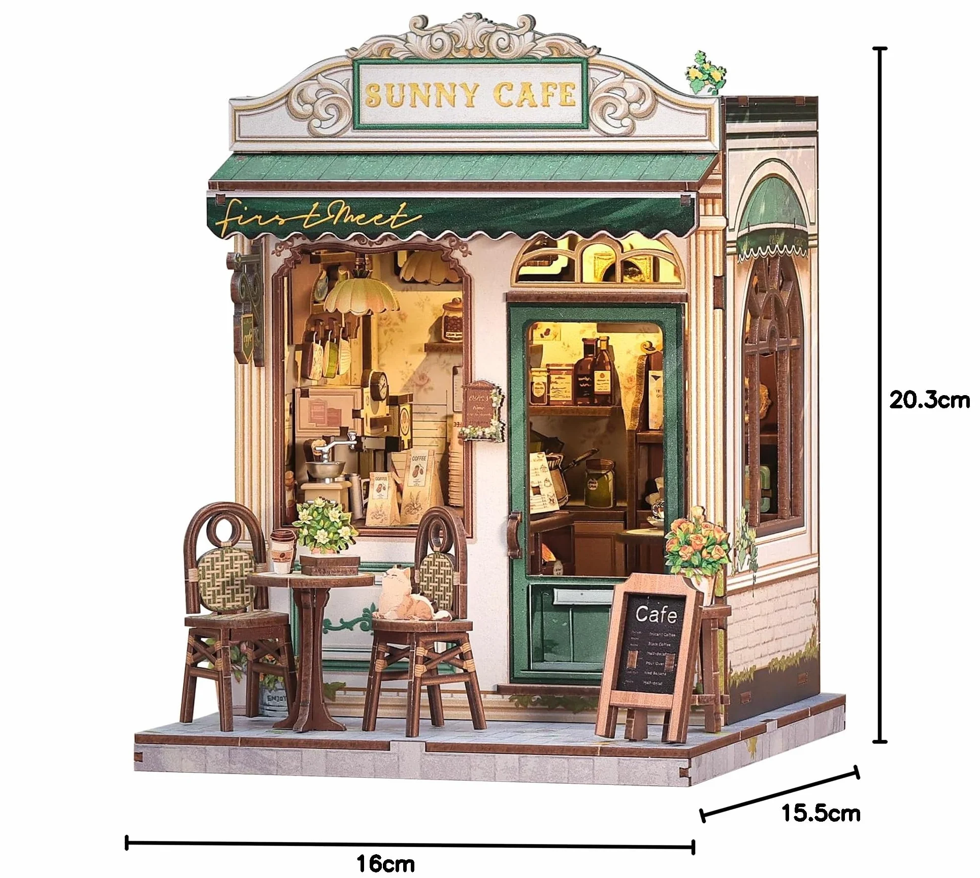 CUTEBEE Book Nook Kit-DIY Domek Dla Lalek,Drewniana Zakładka 3D w Stylu Vintage Biel & Zieleń,Dekoracja na Półkę,Prezent dla Dorosłych (Sunny cafe)