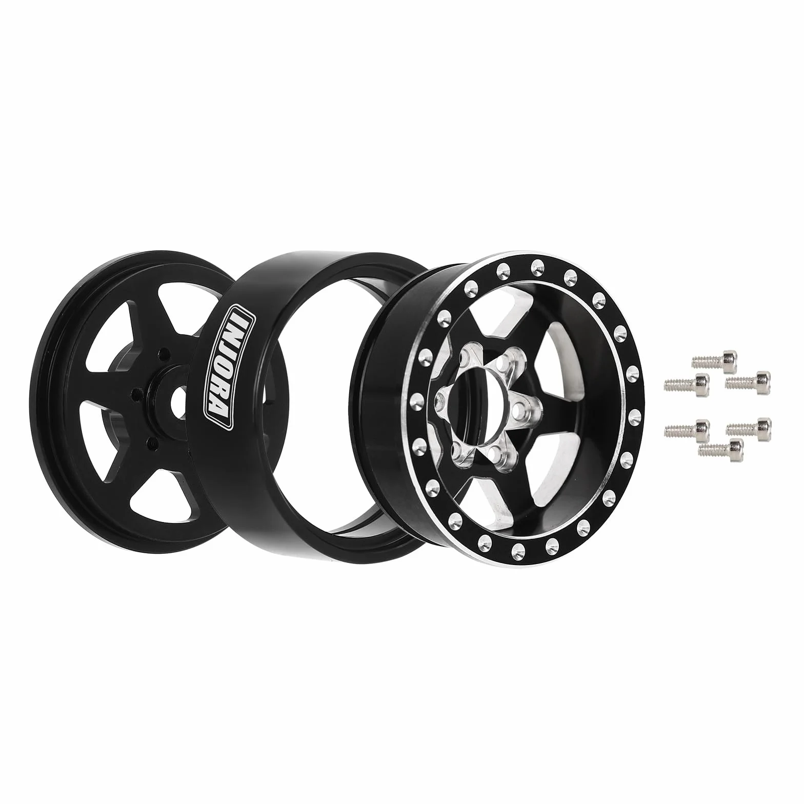 INJORA 1.0 Plus Beadlock felgi aluminiowe, 6 szprych, do SCX24 TRX4M FCX24 1/24 1/18 RC Crawler, czarne