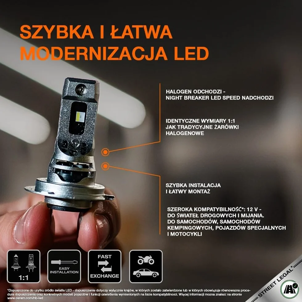 OSRAM NIGHT BREAKER LED SPEED H7 450, światła drogowe i mijania LED z homologacją drogową, do 450% większa jasność, 6000 K, szybki montaż, bez akcesoriów mechanicznych, zintegrowany LEDEC02