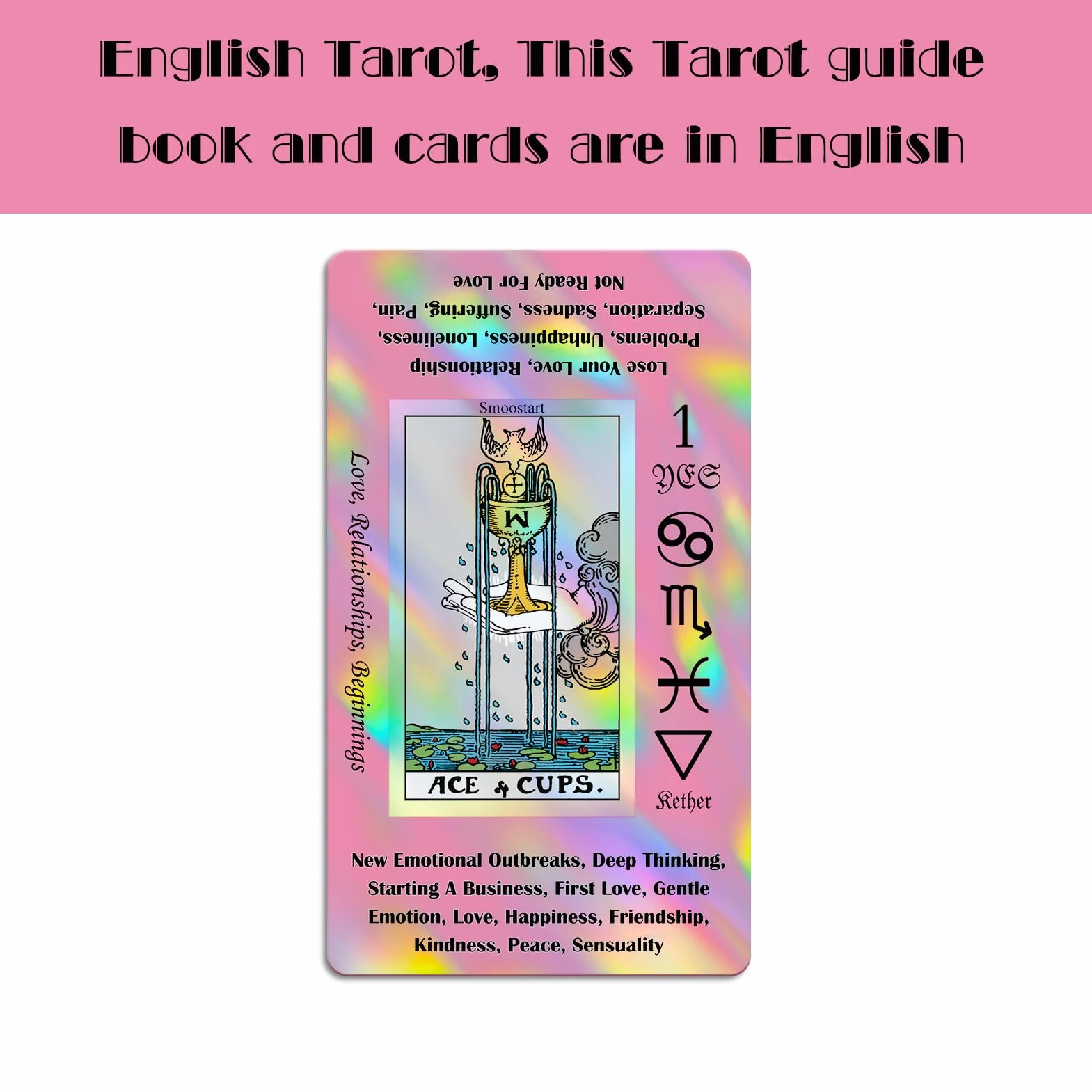 Smoostart Różowa holograficzna talia tarota dla początkujących z przewodnikami, słowami kluczowymi, elementami, planetami, znakami zodiaku, czakrami, tak lub nie, numerologią, literami hebrajskimi