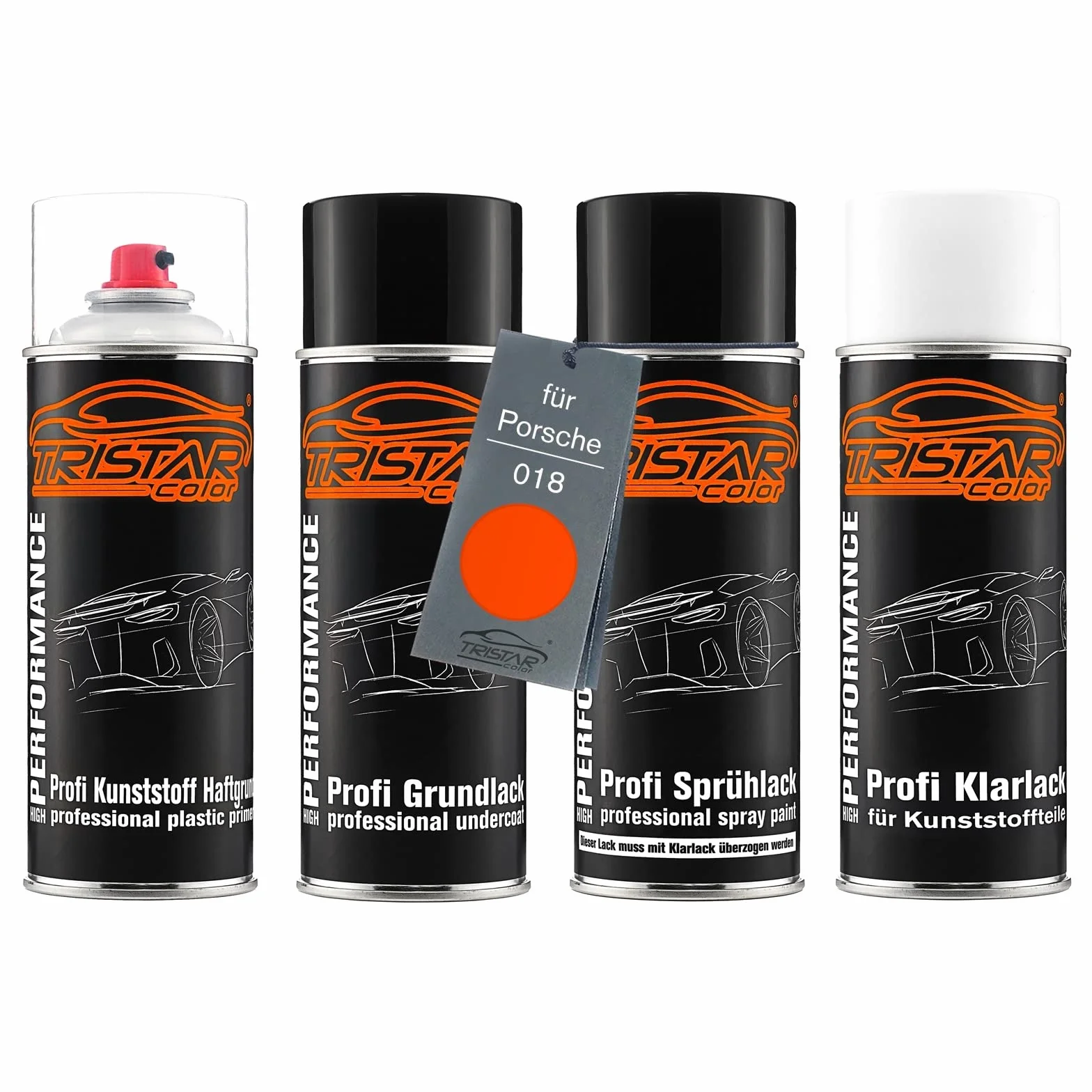 TRISTARcolor Zestaw w sprayu Lakier samochodowy do tworzywa sztucznego dla Porsche 018 Blutorange podkladu przyczepnego lakieru bazowego lakieru bezbarwnego z miekkim dodatkiem