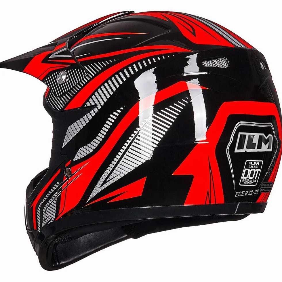 ILM Youth Kids ATV Motocross Helmet Goggles Sports Gloves Dirt Bike Motorcycle Off Road DOT Approved B07 (Youth-L, Red/Silver)
