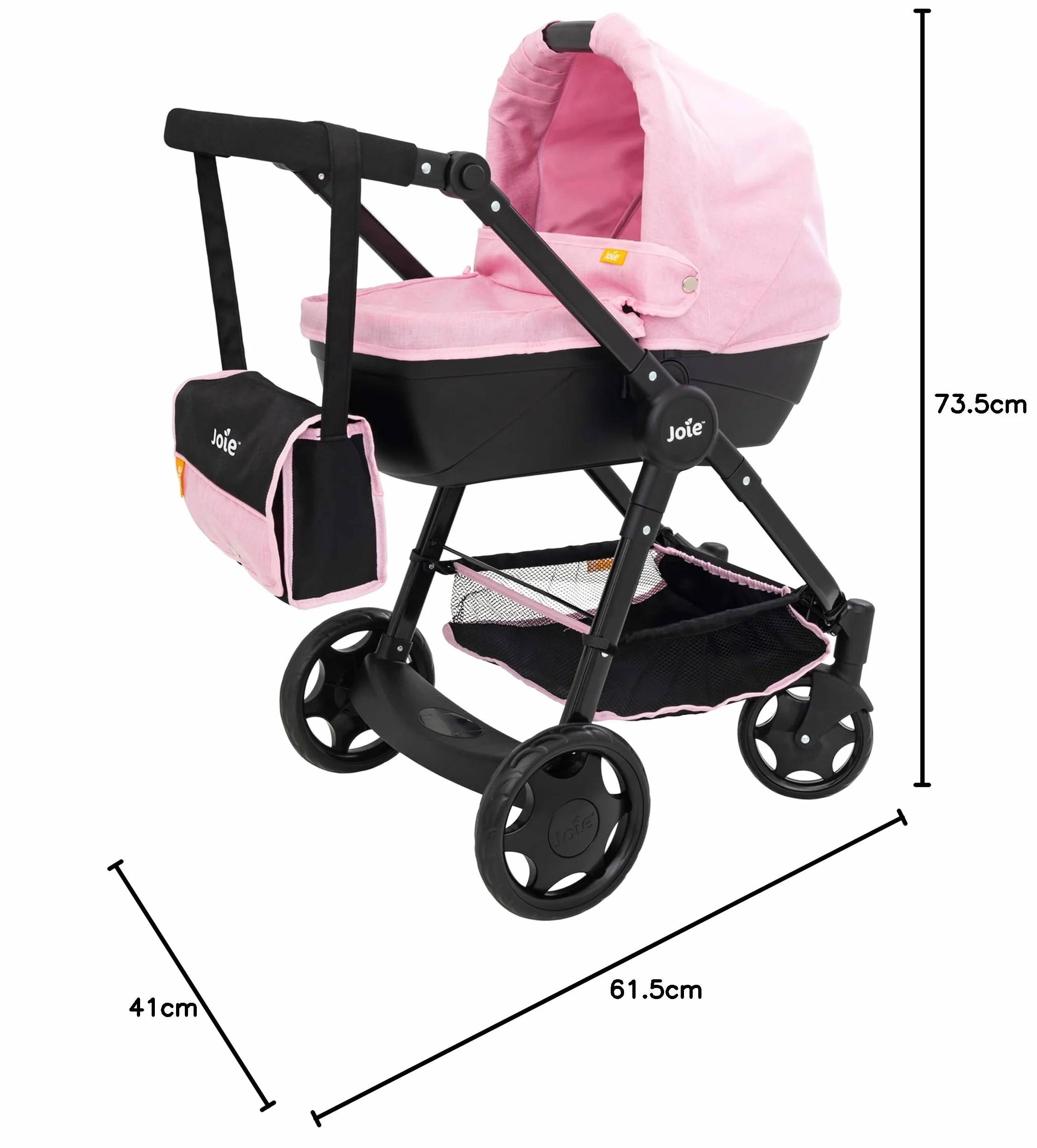 Joie Junior Mytrax Wózek dla lalek, pojedynczy, z odpinanym łóżeczkiem, pasująca torba do przewijania i schowek pod siedziskiem, system podróżny, czarnym i różowy, regulowana wysokość uchwytu, wiek 3+