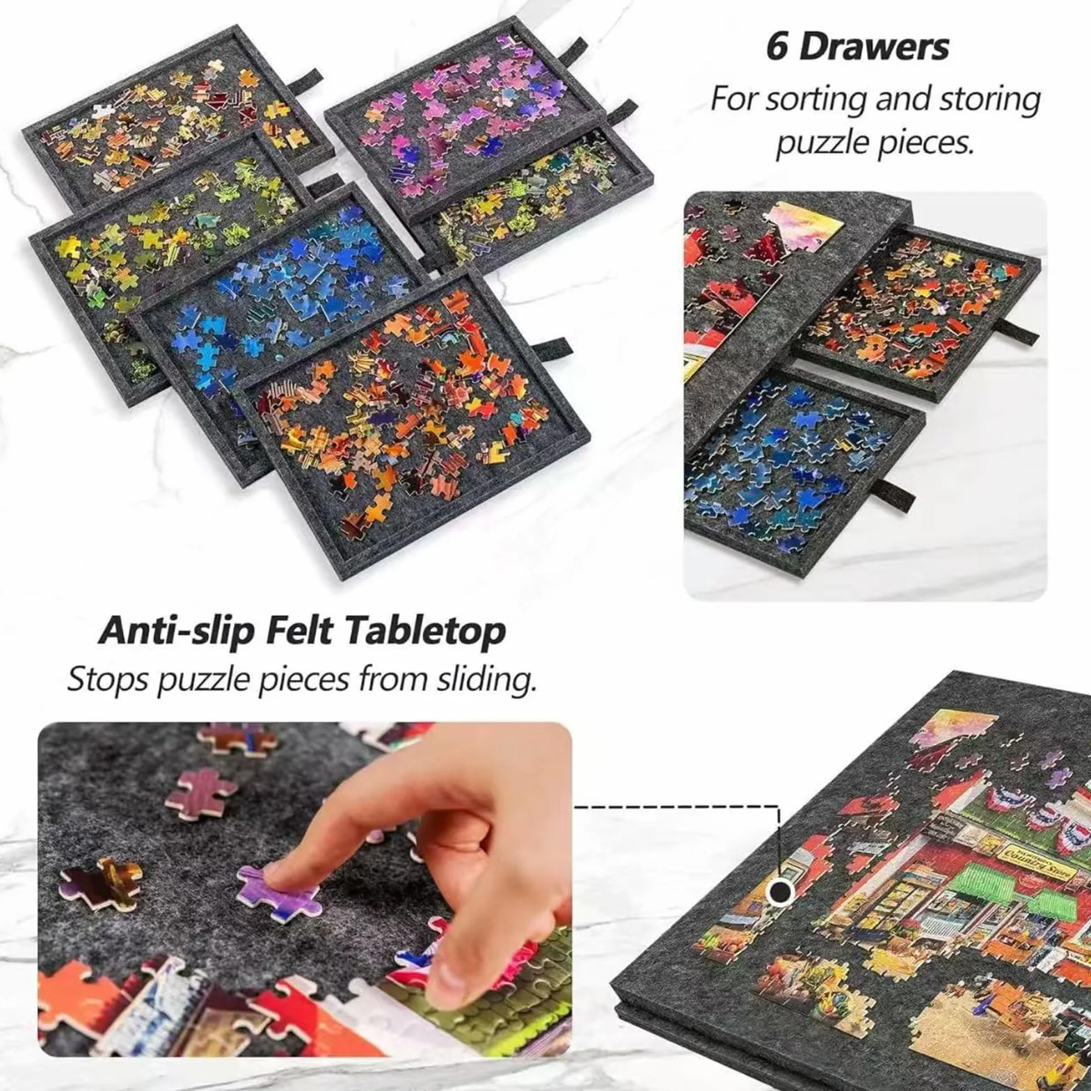 Tablica do układania puzzli z 6 szufladami i pokrywą, do 1500 elementów, lekka, przenośna plansza z filcowymi puzzlami z regulowaną podstawą, dla dorosłych i dzieci beige 1500 pieces