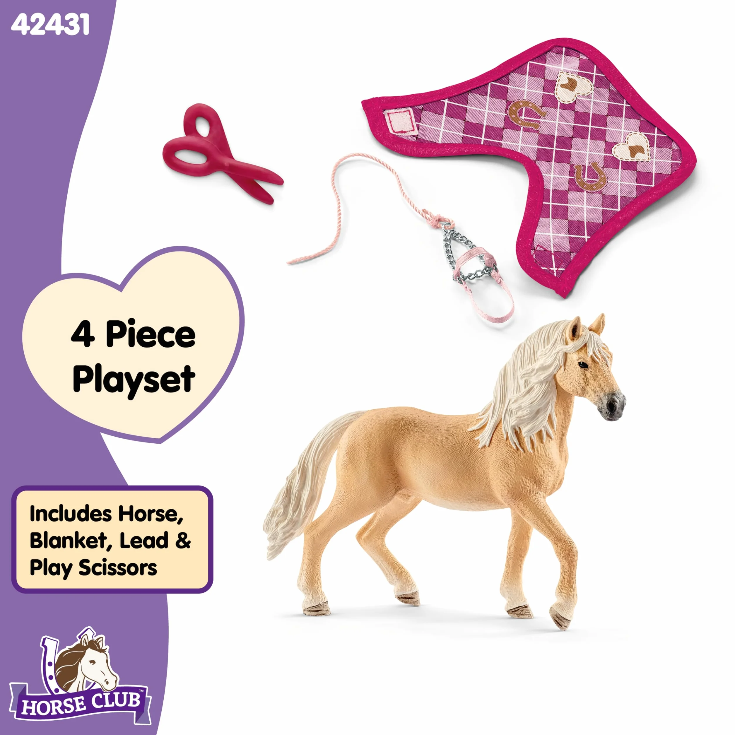 schleich HORSE CLUB | Modne akcesoria dla koni Sofii 42431 | zestaw z koniem, derką, uwiązem i nożyczkami | kreatywny prezent dla dziewczynek i chłopców | zabawka od 5 lat | 4 elementy