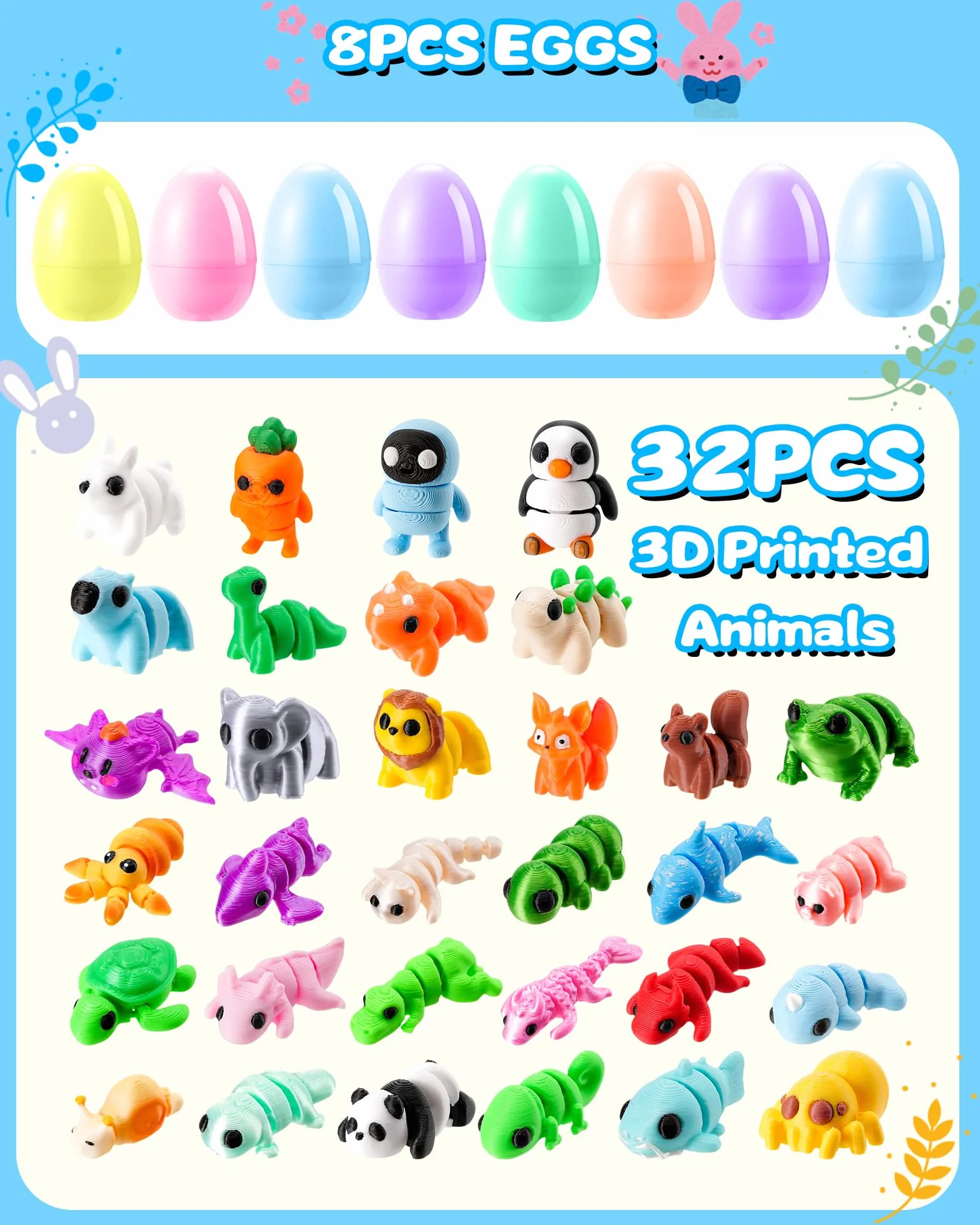 Kizmyee 8 jajek wielkanocnych do wypełnienia, 32 sztuki, figurki zwierząt 3D, elastyczne, ruchome zabawki fidget toy, prezenty do wypełnienia jajek wielkanocnych, prezenty urodzinowe, nagrody po
