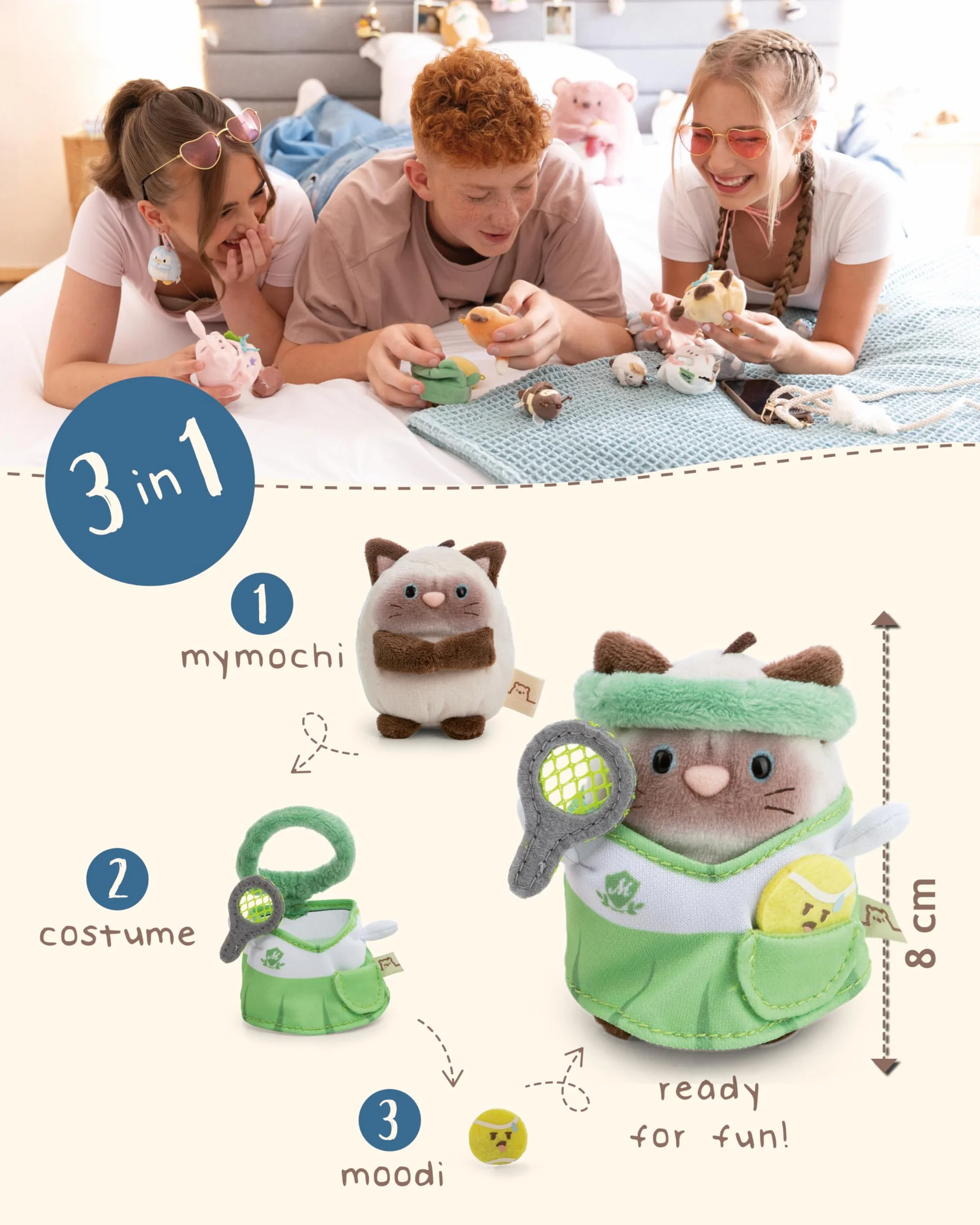 NICI 62903 zestaw przytulanka kotka syjamska Siamy z piłeczką tenisową i strojem tenisowym w pudełku prezentowym, mymochi pluszowe zwierzątko w stylu kawaii, 8 cm, 8,5 x 6,5 x 10 cm, brązowy