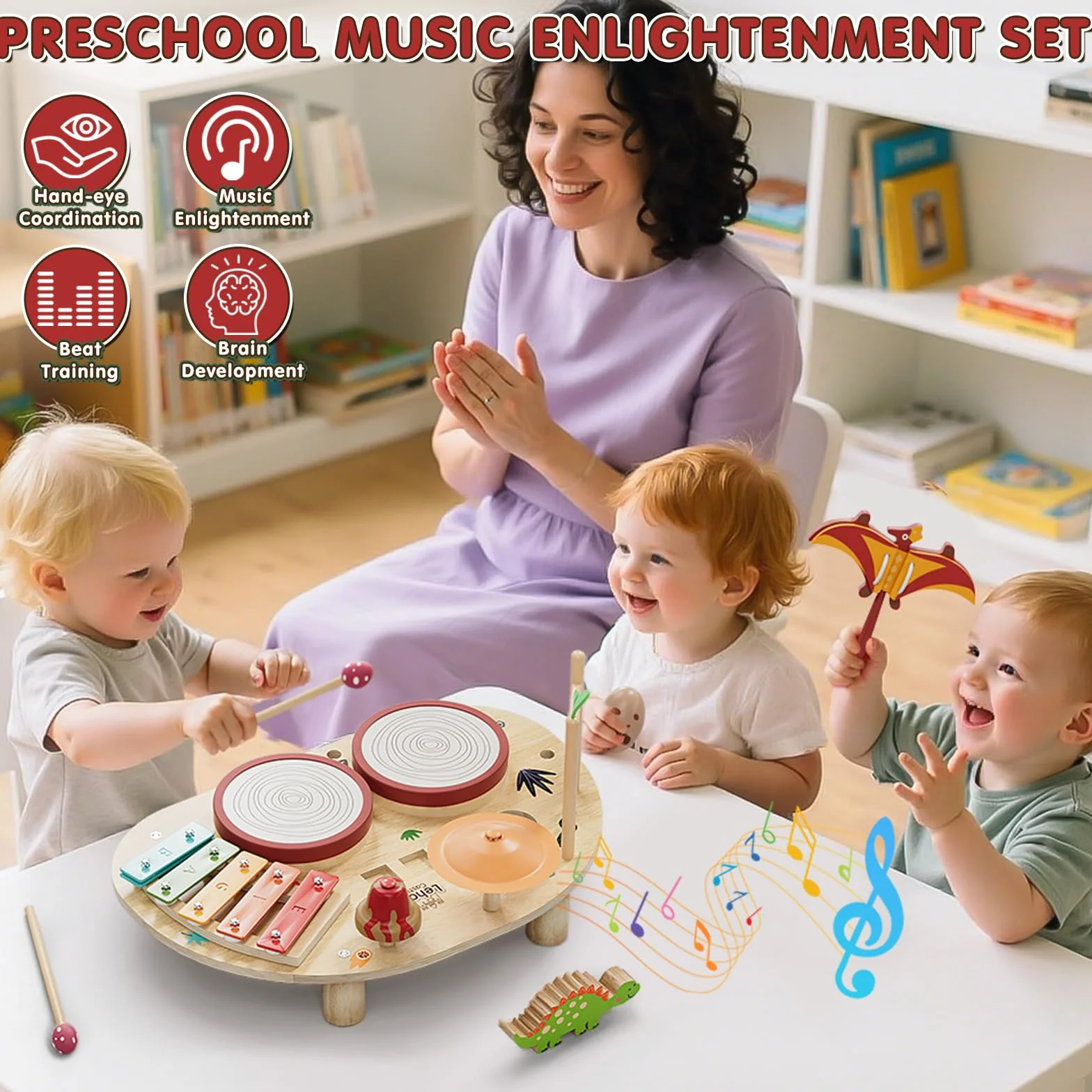 Lehoo Castle Zestaw Bębnów dla Maluchów, Zabawki Edukacyjne Montessori dla Dzieci w Wieku 1, 2, 3 Lat, Drewniane Instrumenty Muzyczne dla Dzieci 1-3 Lat, Muzyczne Zabawki dla Niemowląt w Wieku 6-12