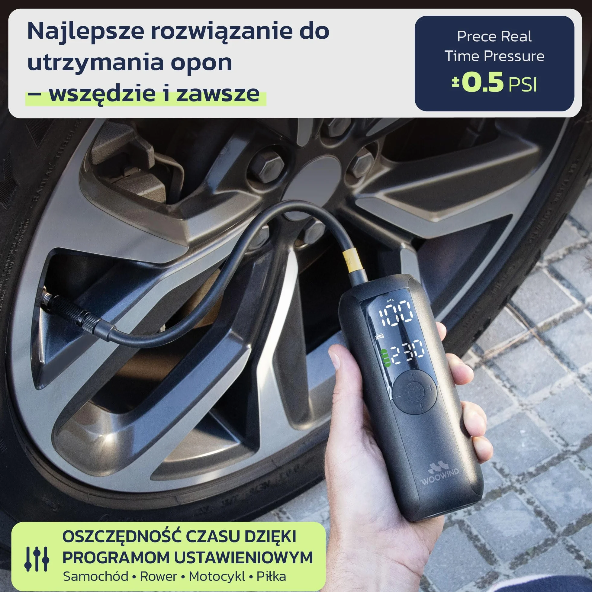 Woowind LP1 Przenośna Sprężarka Powietrza 150 PSI/10.3 BAR, Automatyczne Wyłączanie, Ładowanie USB, LED do Samochodów, Motocykli, Rowerów, Piłek, Adaptery Presta/Schrader
