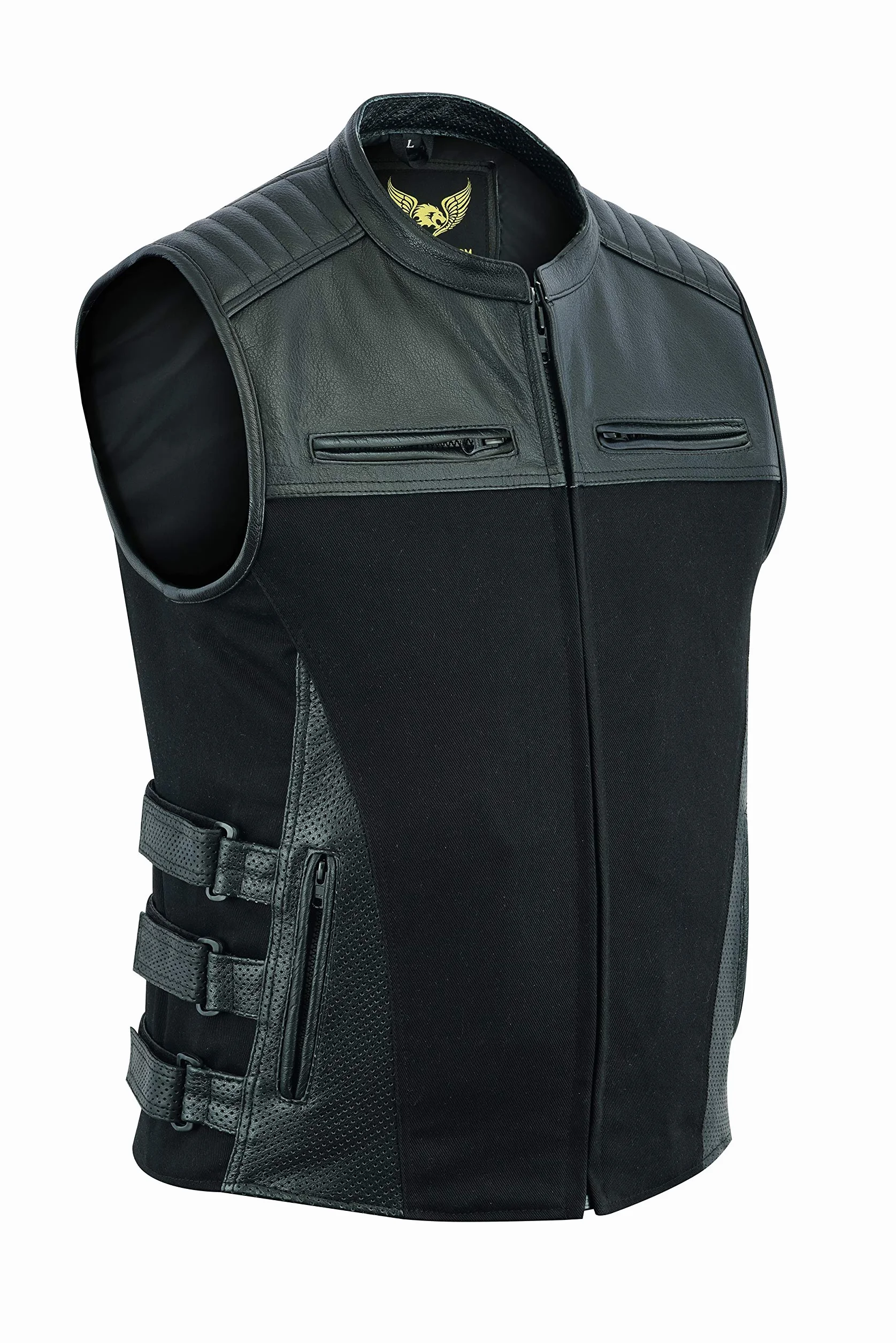 Leatherick Warrior dżinsowa i skórzana kamizelka motocyklowa z kieszeniami na pistolet i perforowane panele