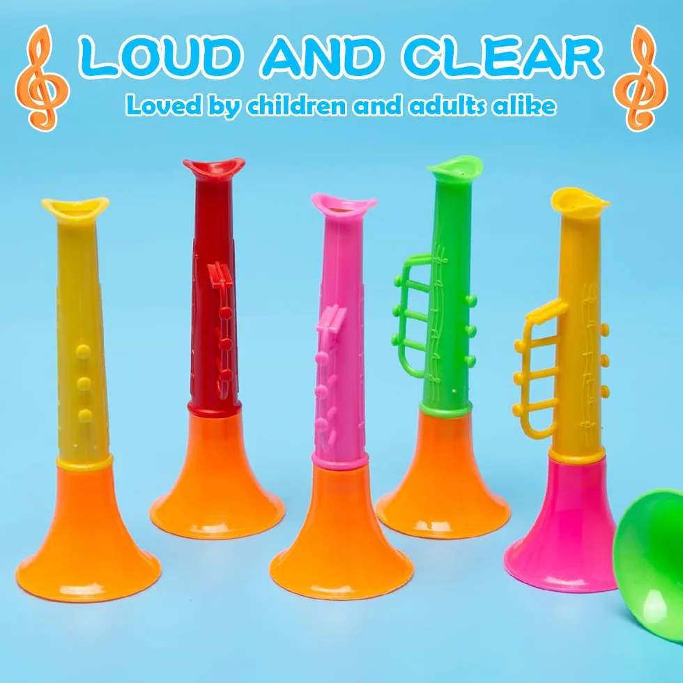 25 sztuk trąbki plastikowe trąbki zabawki dla dzieci puvuzela przenośna trąbka zabawka instrumenty muzyczne dla dzieci mini trąbka producenci hałasu, trąbka dla dzieci, kolorowa, 10 x 3,8 cm