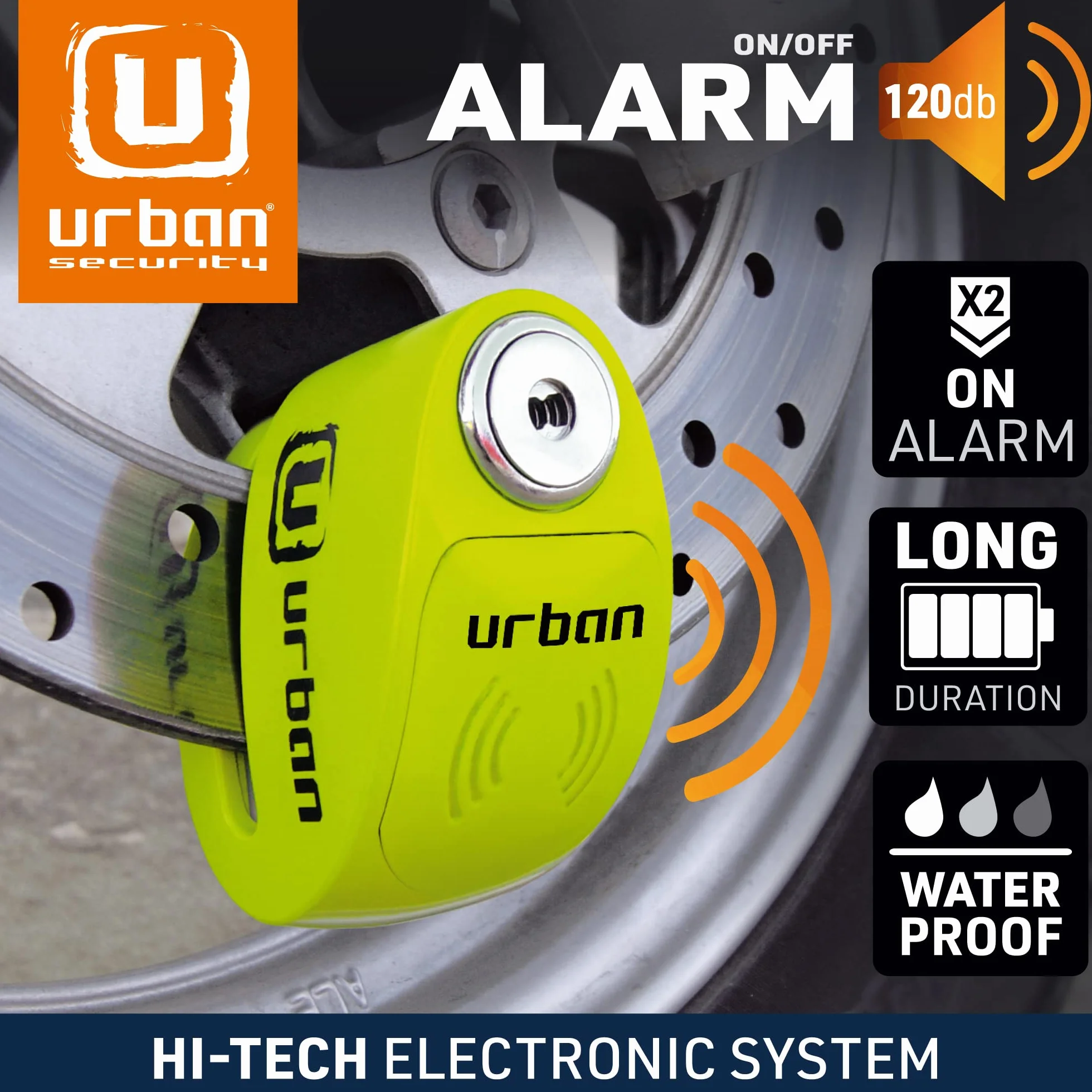 URBAN UR906X Kłódka Antykradzieżowa Blokada Dysku Alarmowego 120 db 6mm Uniwersalna Wodoodporna Żółta