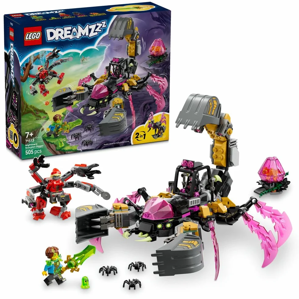 LEGO DREAMZzz Koszmarna skorpionowa koparka, zabawka dla dzieci z 3 minifigurkami, dwie opcje budowania, prezent na urodziny dla chłopców i dziewczynek w wieku od 7 lat, dekoracja fantasy 71513
