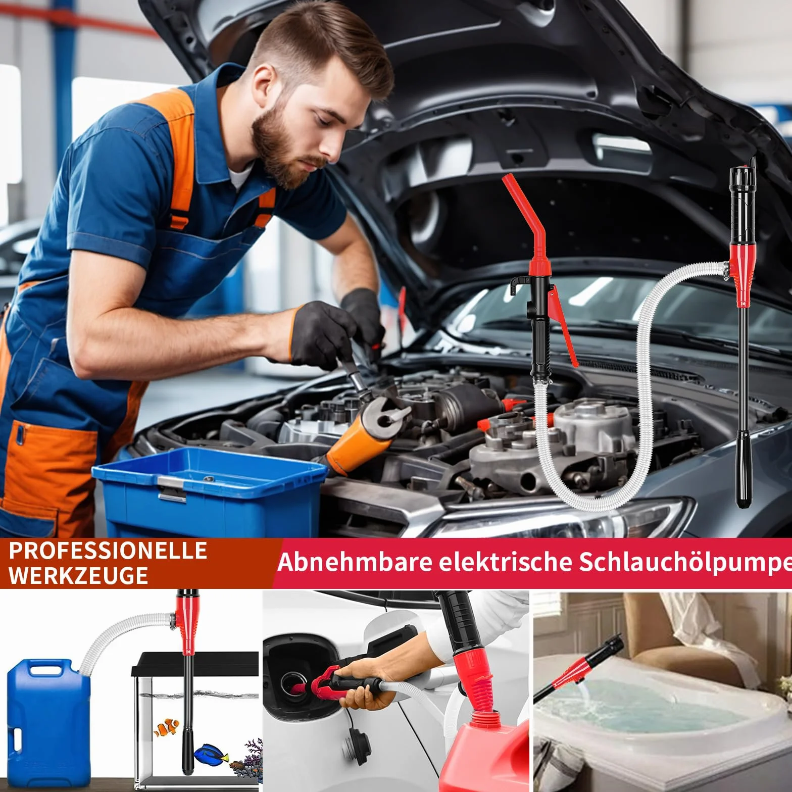 GuKKK elektryczna pompa transferowa, zasilana bateriami, elektryczna syfon, przenośna, automatyczne odsysanie, gaz 2,4 GPM (czerwony)