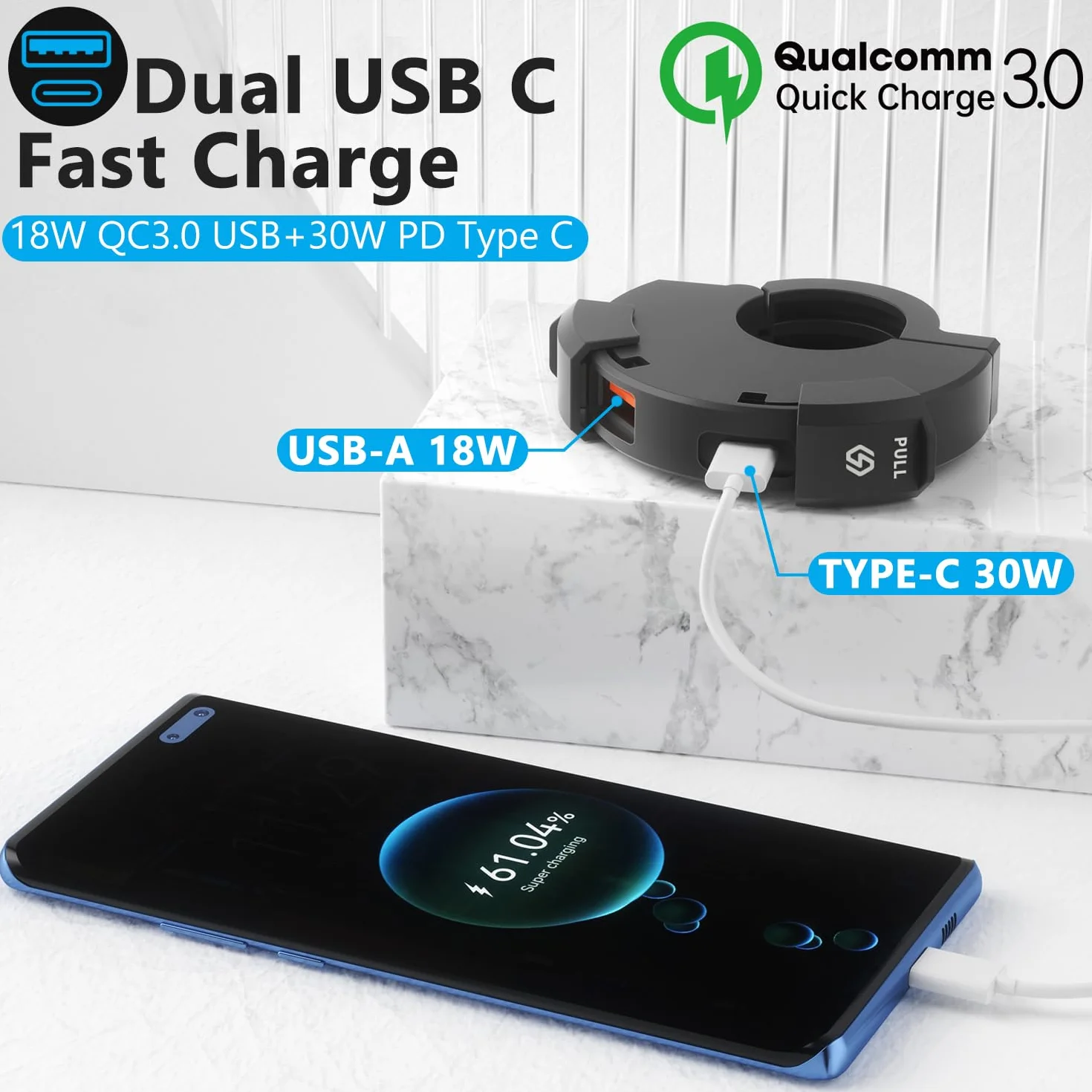 Motocyklowe Gniazdo Ładowarki, 18 W QC3.0 i 30 W PD Type-C, Podwójny Port 12 V, Wodoodporna Ładowarka USB C + Kabel Ładujący USB C