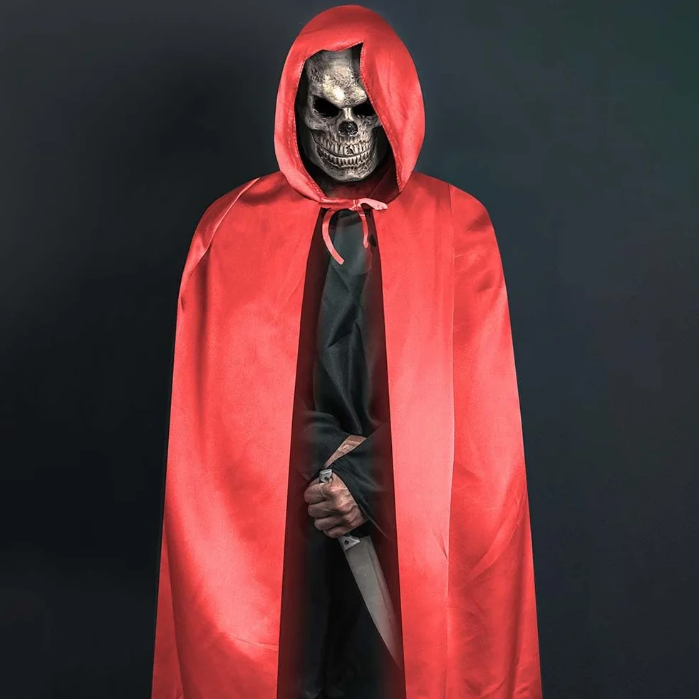 Aomig Czarna peleryna z kapturem na Halloween dla dorosłych, długa peleryna z kapturem, czarownica, akcesoria do cosplay, tajemniczy czarodziej, bajkowy, fantazyjny kostium, Halloween, maskarada