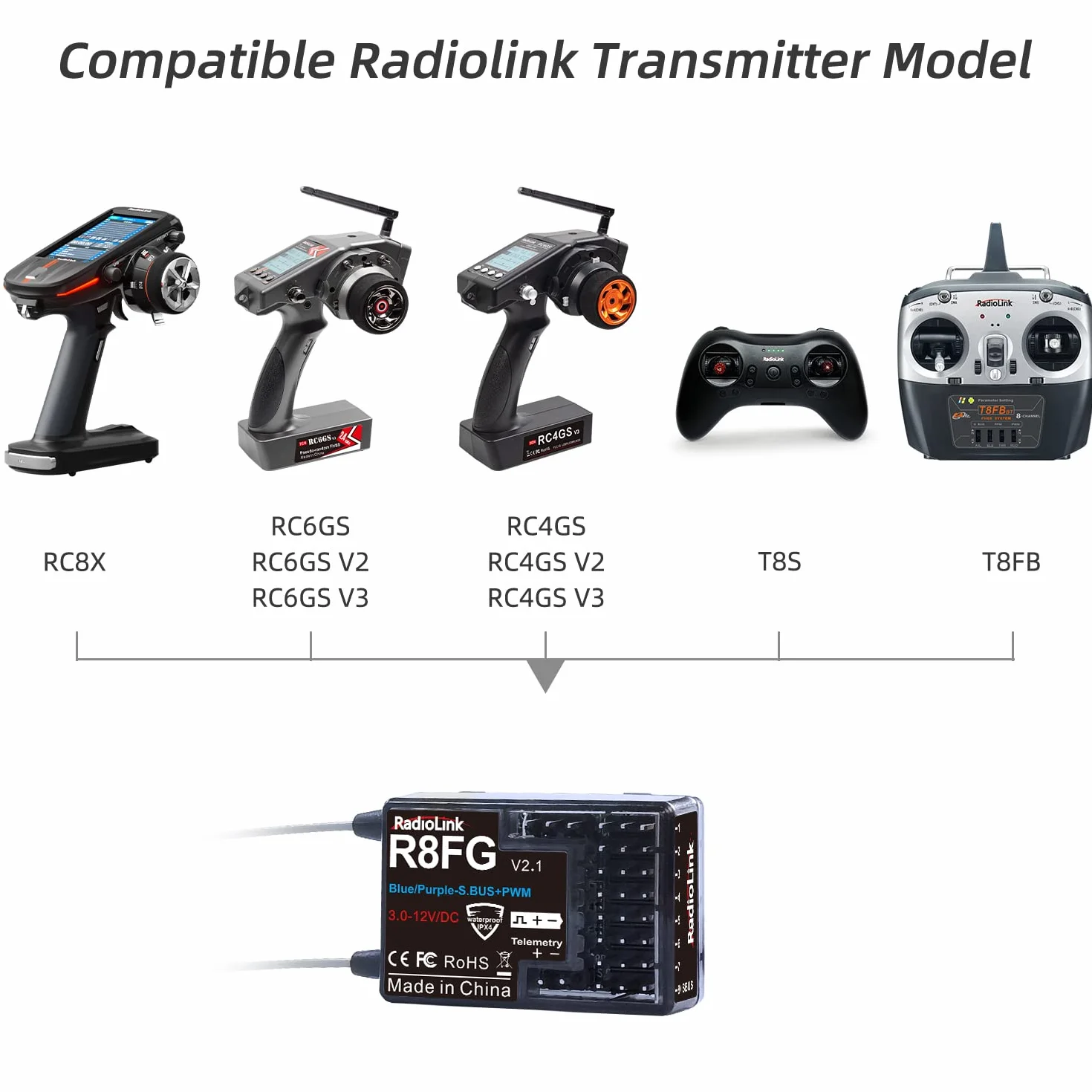 Radiolink 2.4Ghz R8FG 8 kanałów odbiornik żyroskopowy z telemetrią napięciową, daleki zasięg sterowania, rozprysk wody RX dla RC Crawler Car Boat Radio Controller System