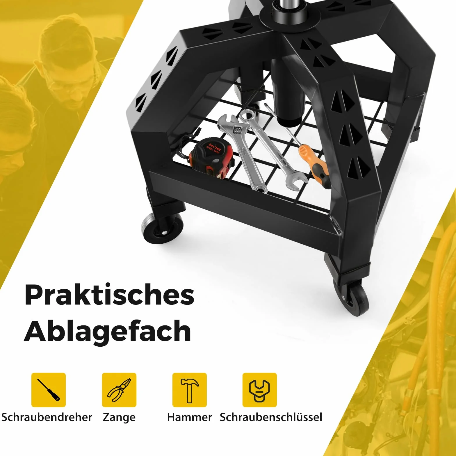 COSTWAY Taboret warsztatowy z regulacją wysokości, stołek warsztatowy na kółkach 150 kg nośność z półką na narzędzia, krzesło warsztatowe na kółkach do fabryki, garażu, warsztatu (ciemnoczarny)