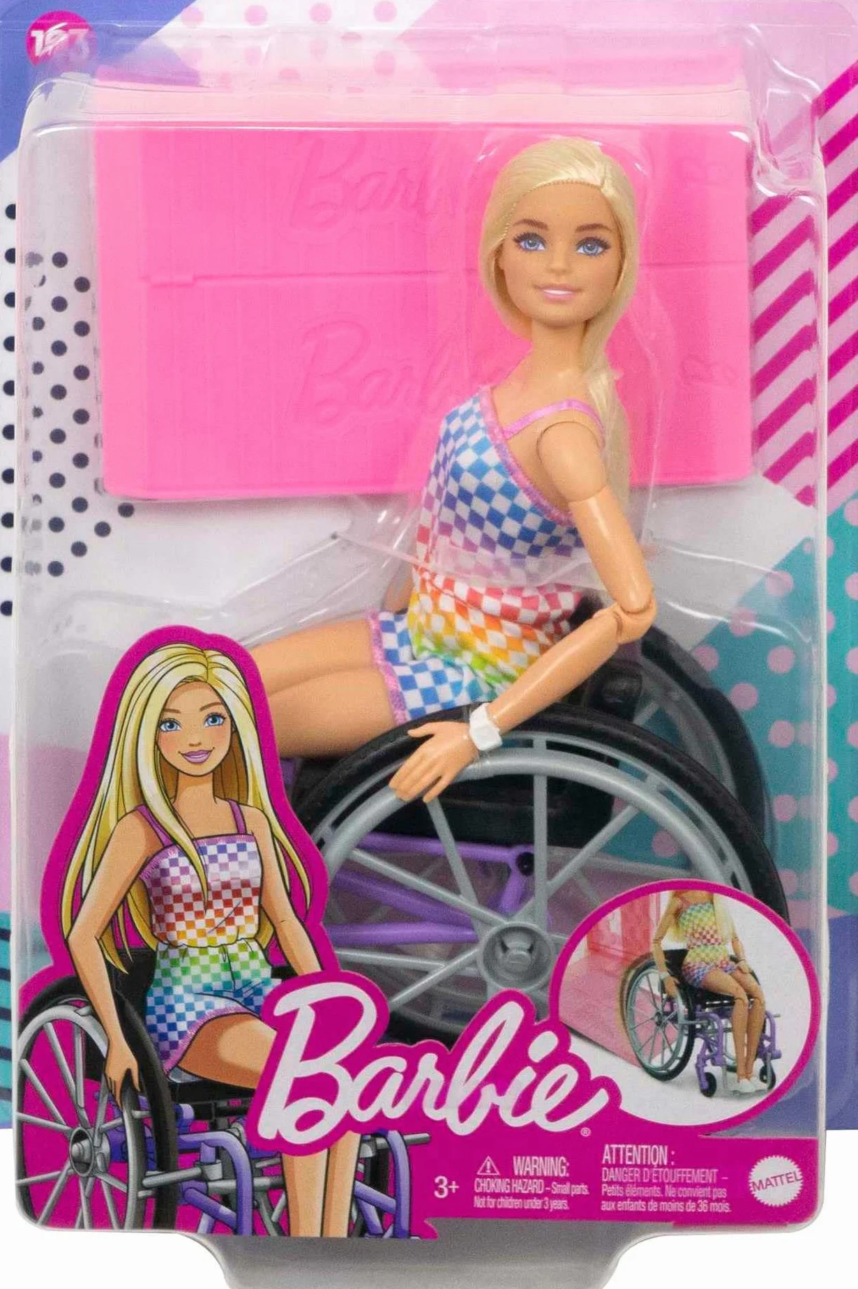 Barbie Fashionistas Lalka (blondynka) w tęczowym kombinezonie, z wózkiem inwalidzkim i rampą, zabawki i prezenty dla dzieci, HJT13