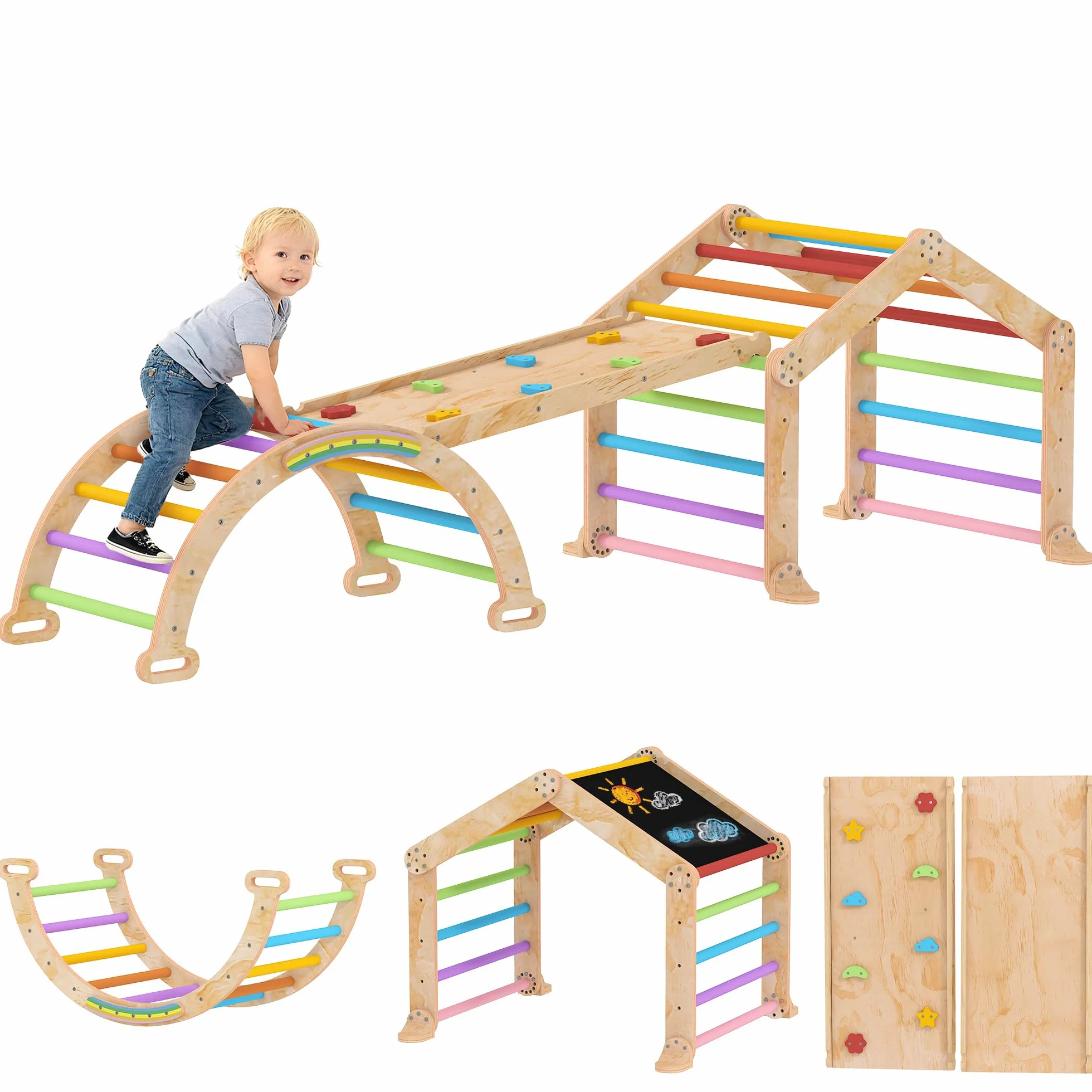AIYAPLAY Climbing Frame for Toddlers Indoor Climbing Frame, 9 in 1 Wooden Baby Indoor Playground with Ramp, Slide, Arch, Ladder, Blackboard, Play Jungle Gym Climber for Kids 1.5-4 Years Old